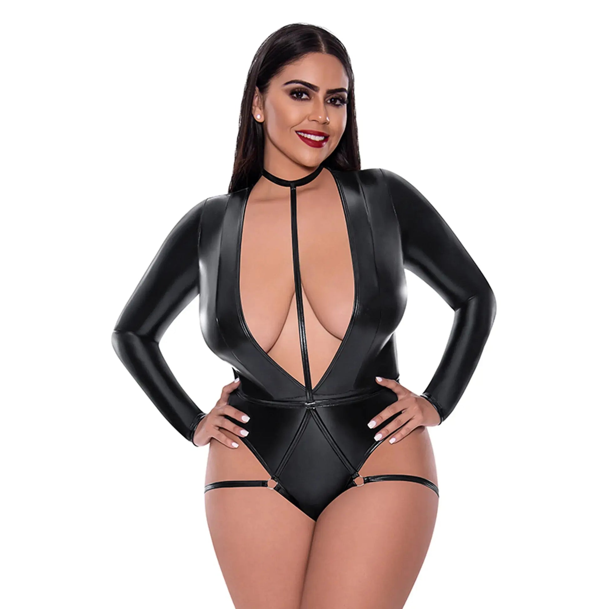 LIQUID ONYX TEDDY W/ HARNESS CAGING BLACK 2XL Magic Silk Lingerie