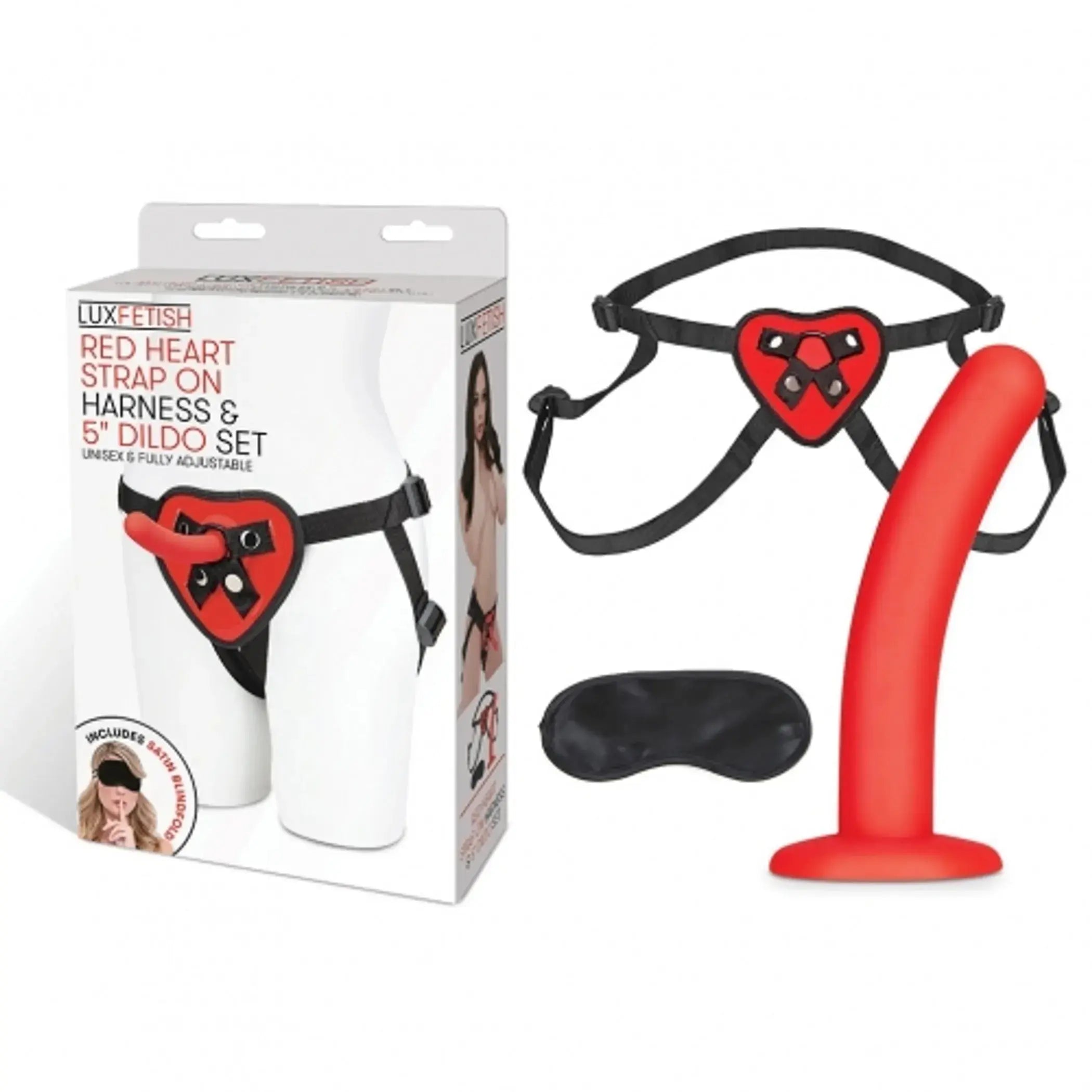 LUX FETISH RED HEART STRAP ON HARNESS & 5IN DILDO SET Electric / Hustler Lingerie
