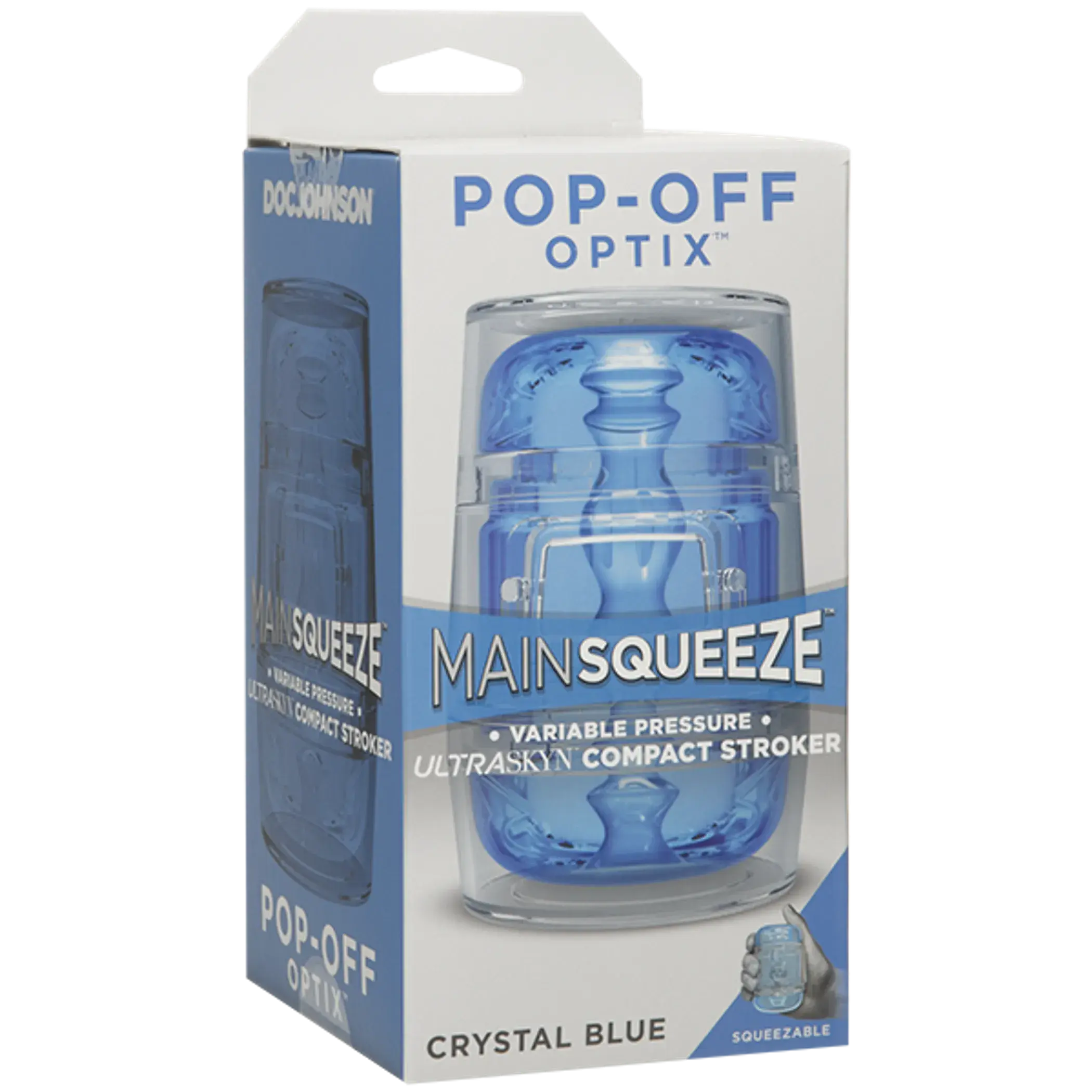 MAIN SQUEEZE POP OFF OPTIX CRYSTAL BLUE STROKER Doc Johnson Novelties