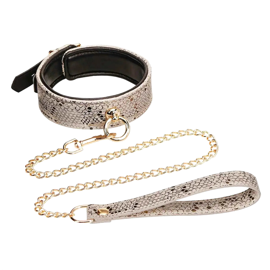 MICROFIBER SNAKE PRINT COLLAR & LEASH WHITE W LEATHER LINING Spartacus