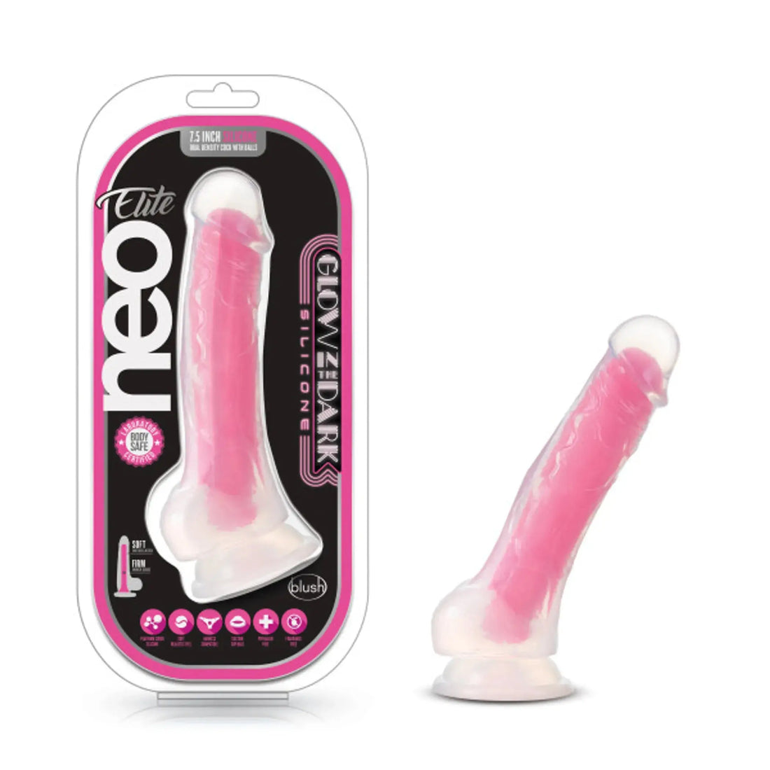 NEO ELITE GLOW IN THE DARK 7.5 IN SILICONE COCK W/ BALLS NEON PINK Blush Novelties