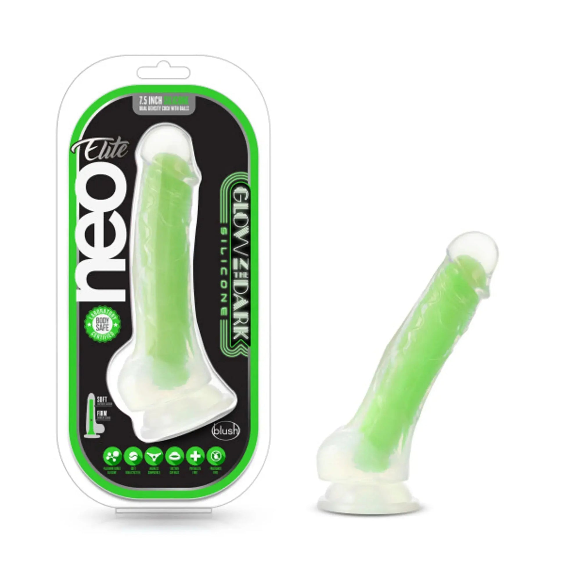 NEO ELITE GLOW IN THE DARK 7.5 IN SILICONE DUAL DENSITY COCK W/ BALLS NEON GREEN Blush Novelties