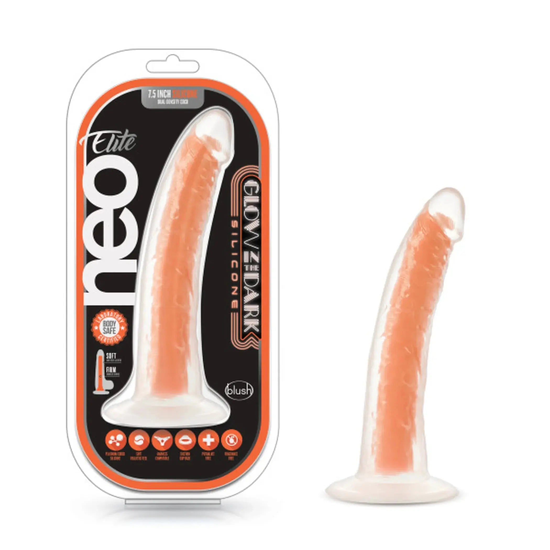 NEO ELITE GLOW IN THE DARK 7.5IN DUAL DENSITY COCK NEON NEON ORANGE Blush Novelties