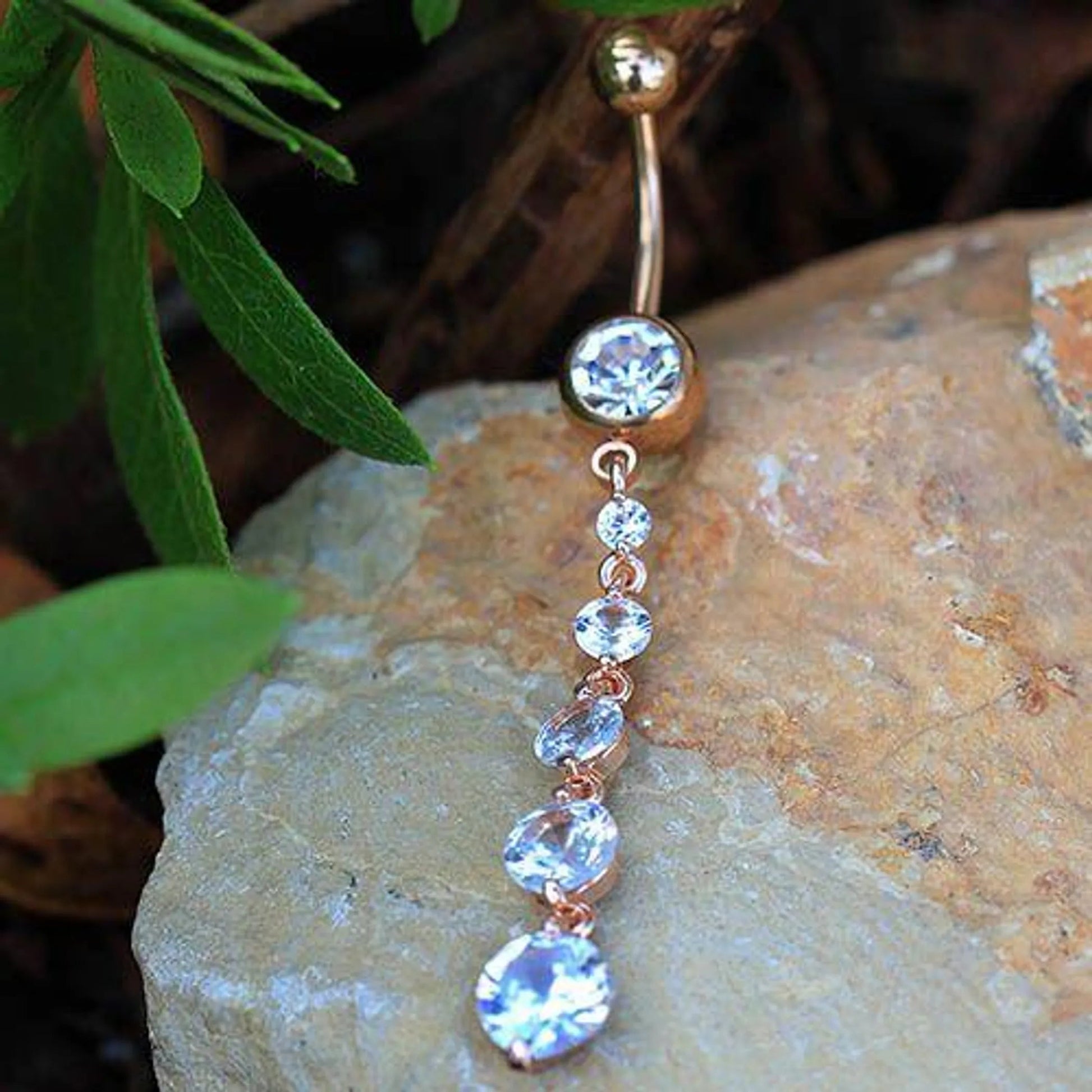 Rose Gold Plated Cascading CZ Dangle Navel Ring Fashion Hut Jewelry