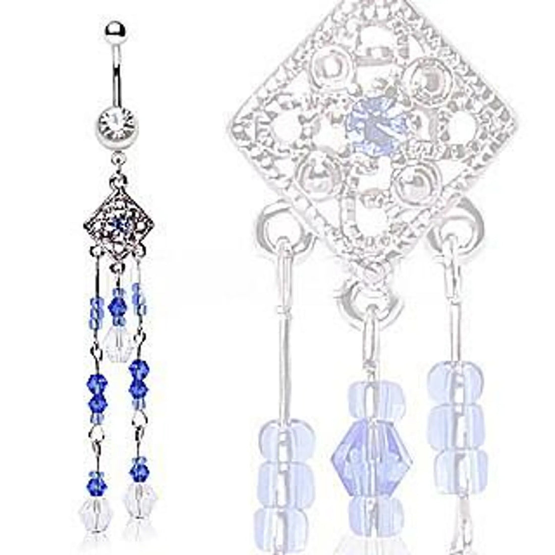 Filigreed Diamond Navel Ring with Beaded Drop Chains Fashion Hut Jewelry