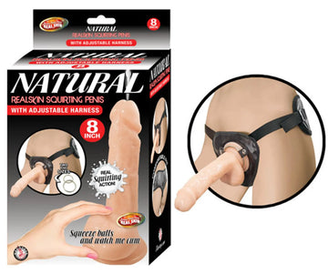 Natural Realskin Squirting Penis with Adjustable Harness 8in Flesh Nasstoys