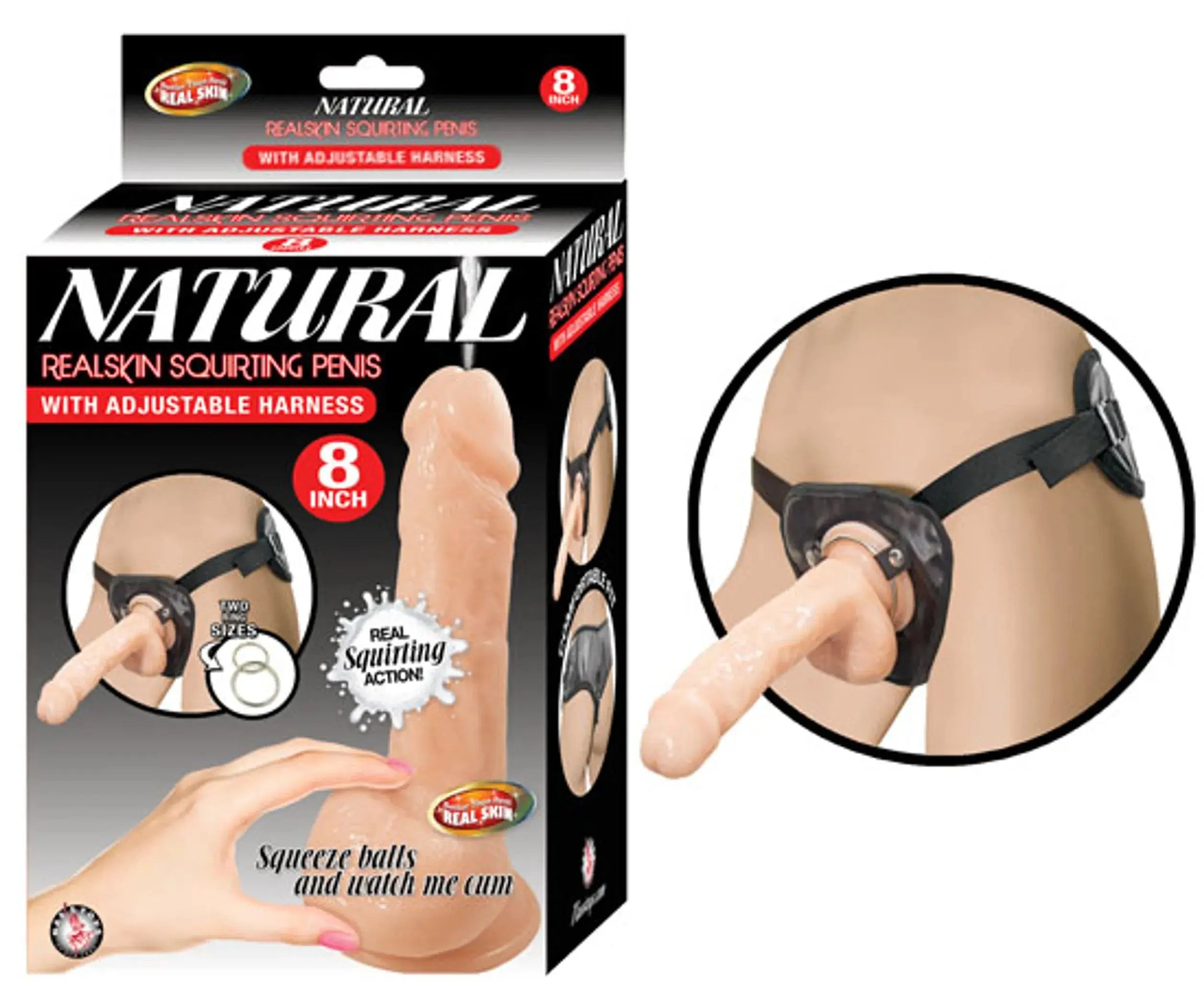 Natural Realskin Squirting Penis with Adjustable Harness 8in Flesh Nasstoys