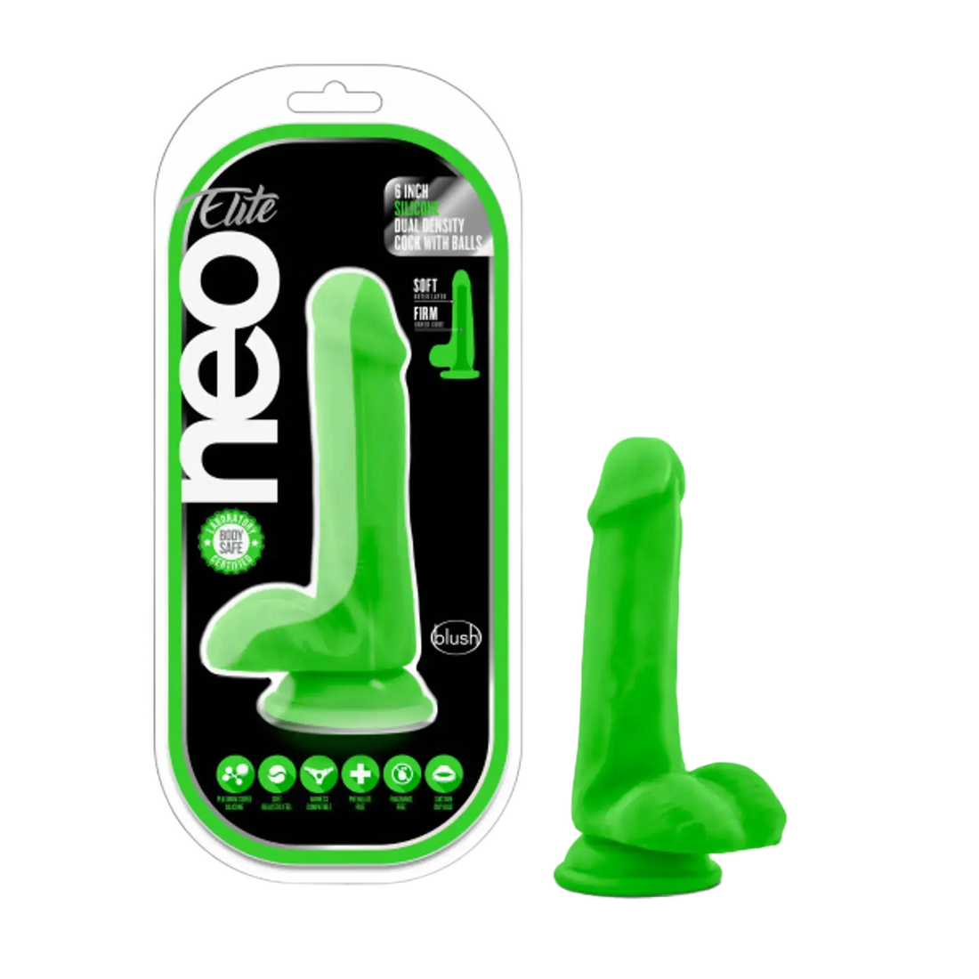 NEO ELITE 6IN SILICONE DUAL DENSITY COCK W/ BALLS NEON GREEN Blush Novelties