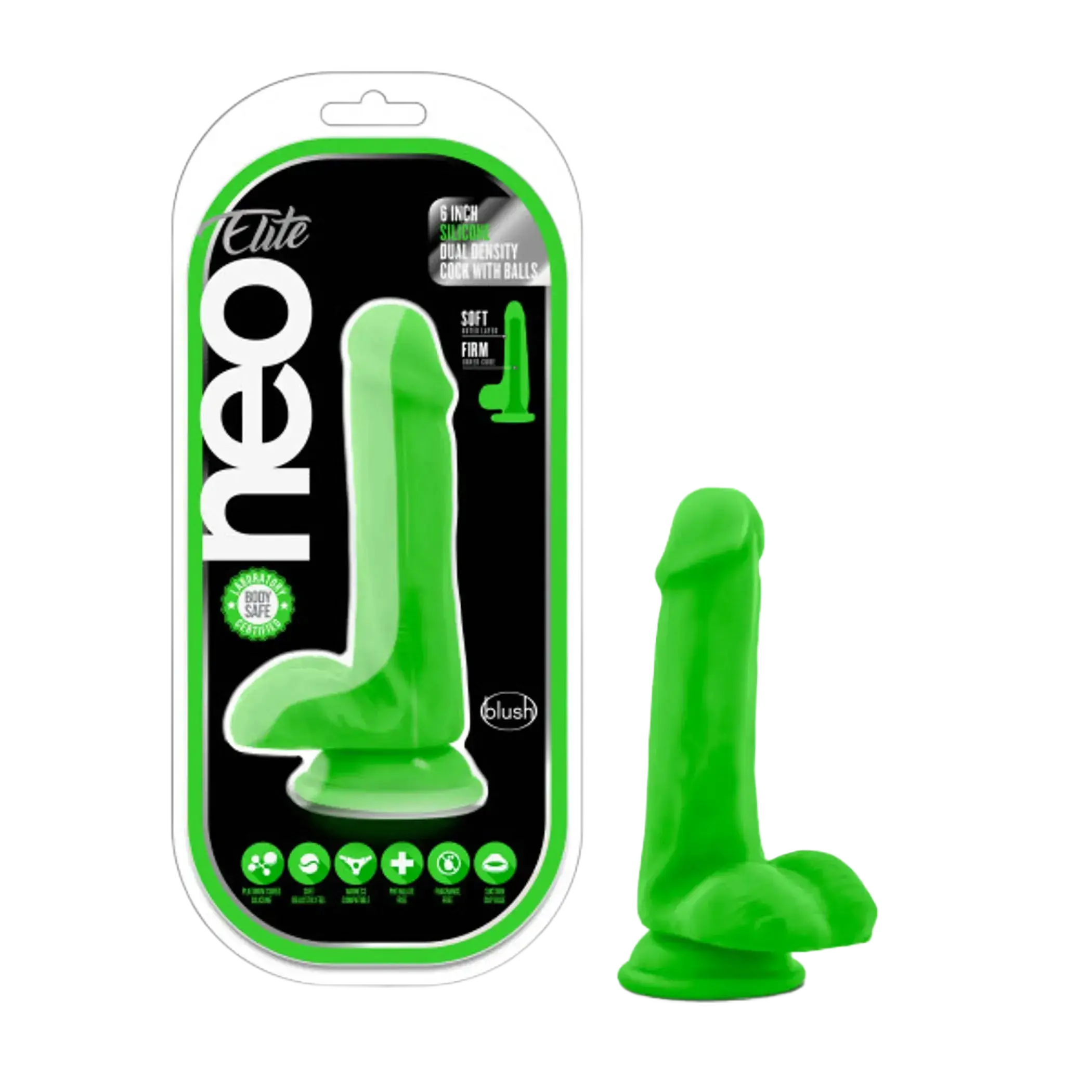 NEO ELITE 6IN SILICONE DUAL DENSITY COCK W/ BALLS NEON GREEN Blush Novelties