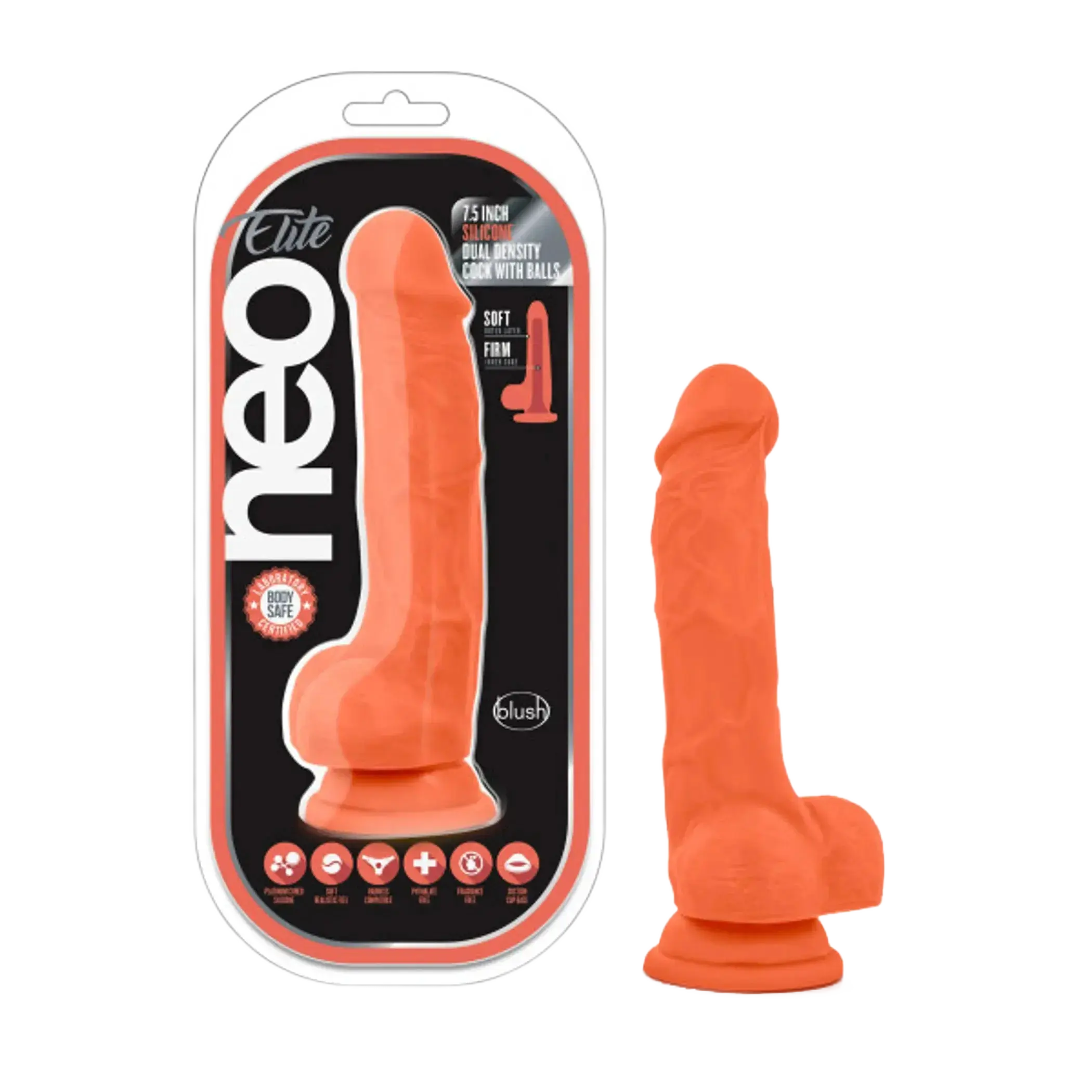 NEO ELITE 7.5IN SILICONE DUAL DENSITY COCK W/ BALLS NEON ORANGE Blush Novelties