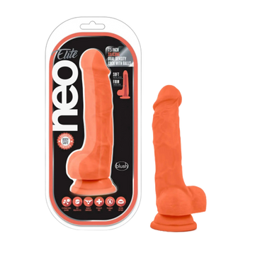 NEO ELITE 7.5IN SILICONE DUAL DENSITY COCK W/ BALLS NEON ORANGE Blush Novelties