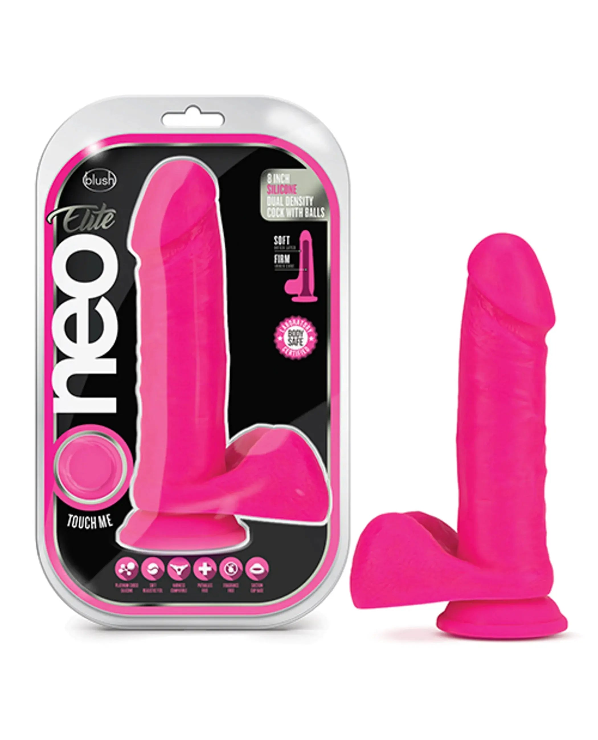 Neo Elite 8-Inch Silicone Dual Density Cock With Balls Neon Pink Blush Novelties