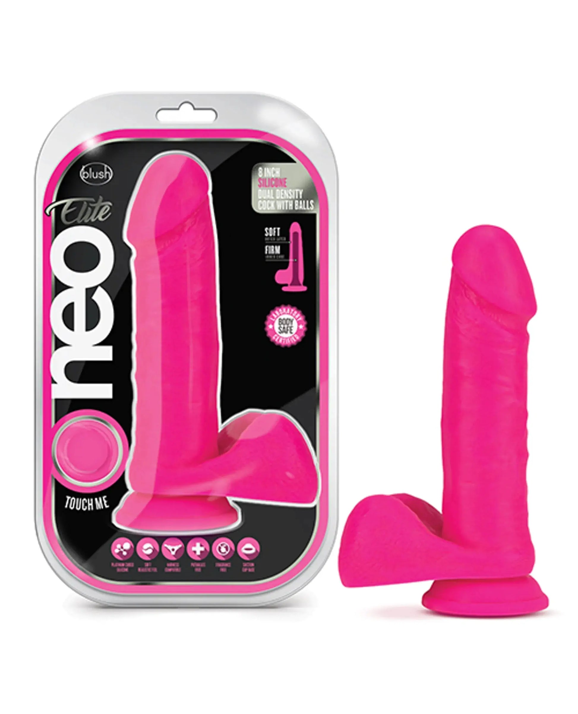 Neo Elite 8-Inch Silicone Dual Density Cock With Balls Neon Pink Blush Novelties