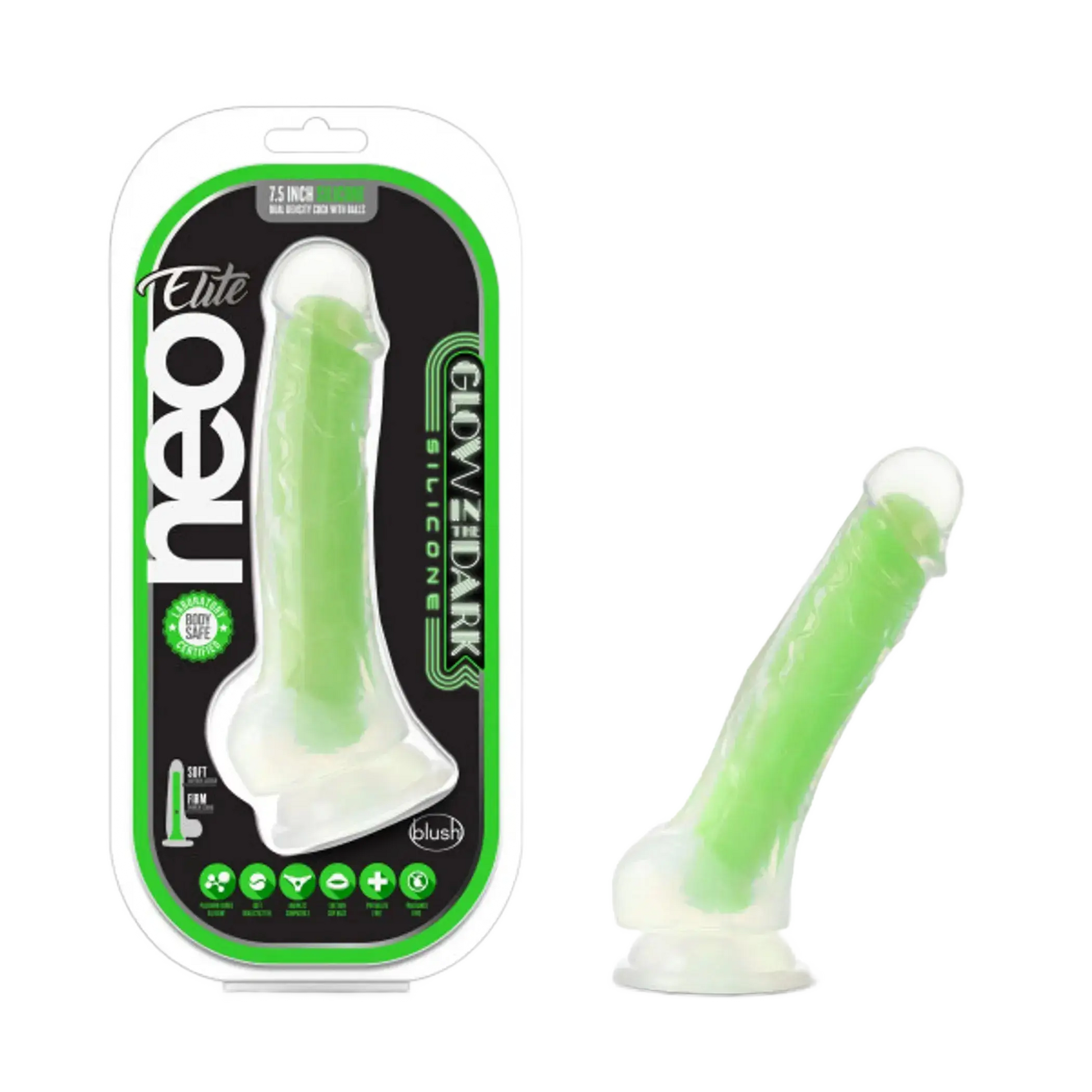 NEO ELITE GLOW IN THE DARK 7.5 IN SILICONE DUAL DENSITY COCK W/ BALLS NEON GREEN Blush Novelties