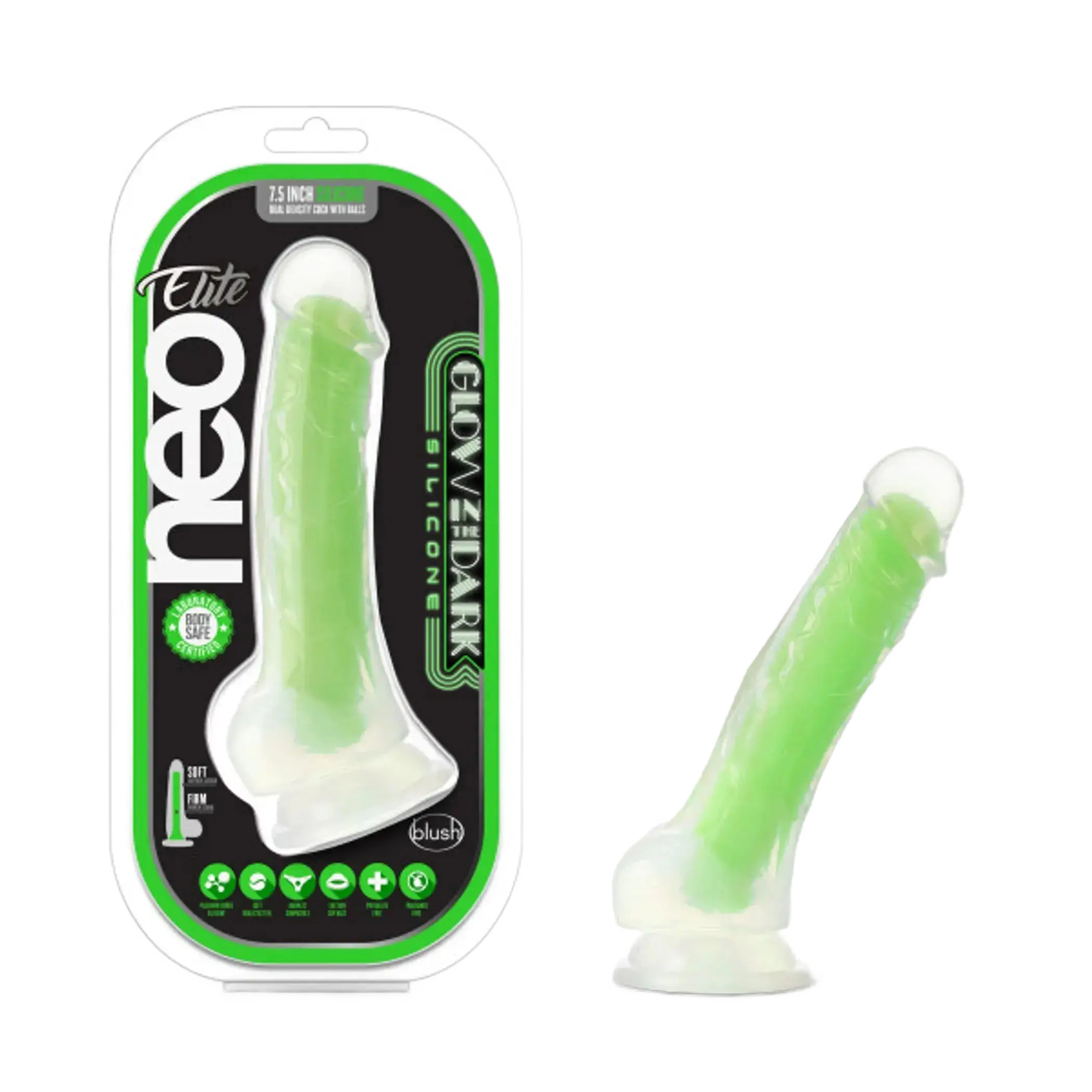 NEO ELITE GLOW IN THE DARK 7.5 IN SILICONE DUAL DENSITY COCK W/ BALLS NEON GREEN Blush Novelties