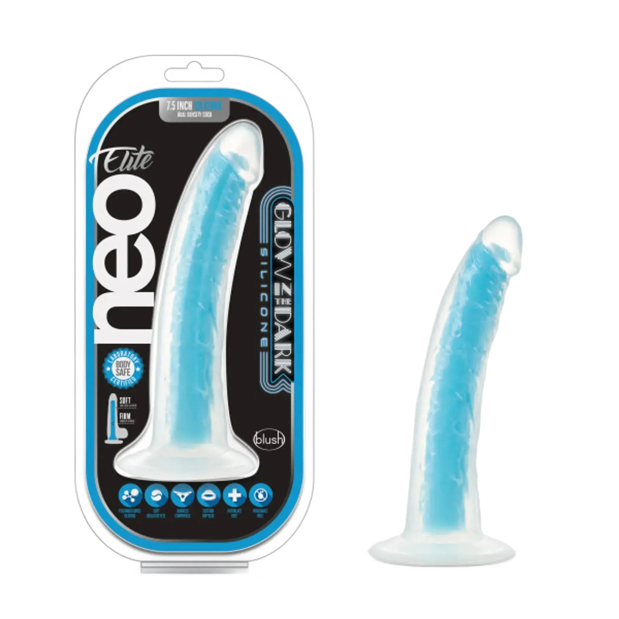 NEO ELITE GLOW IN THE DARK 7.5IN DUAL DENSITY COCK NEON BLUE Blush Novelties