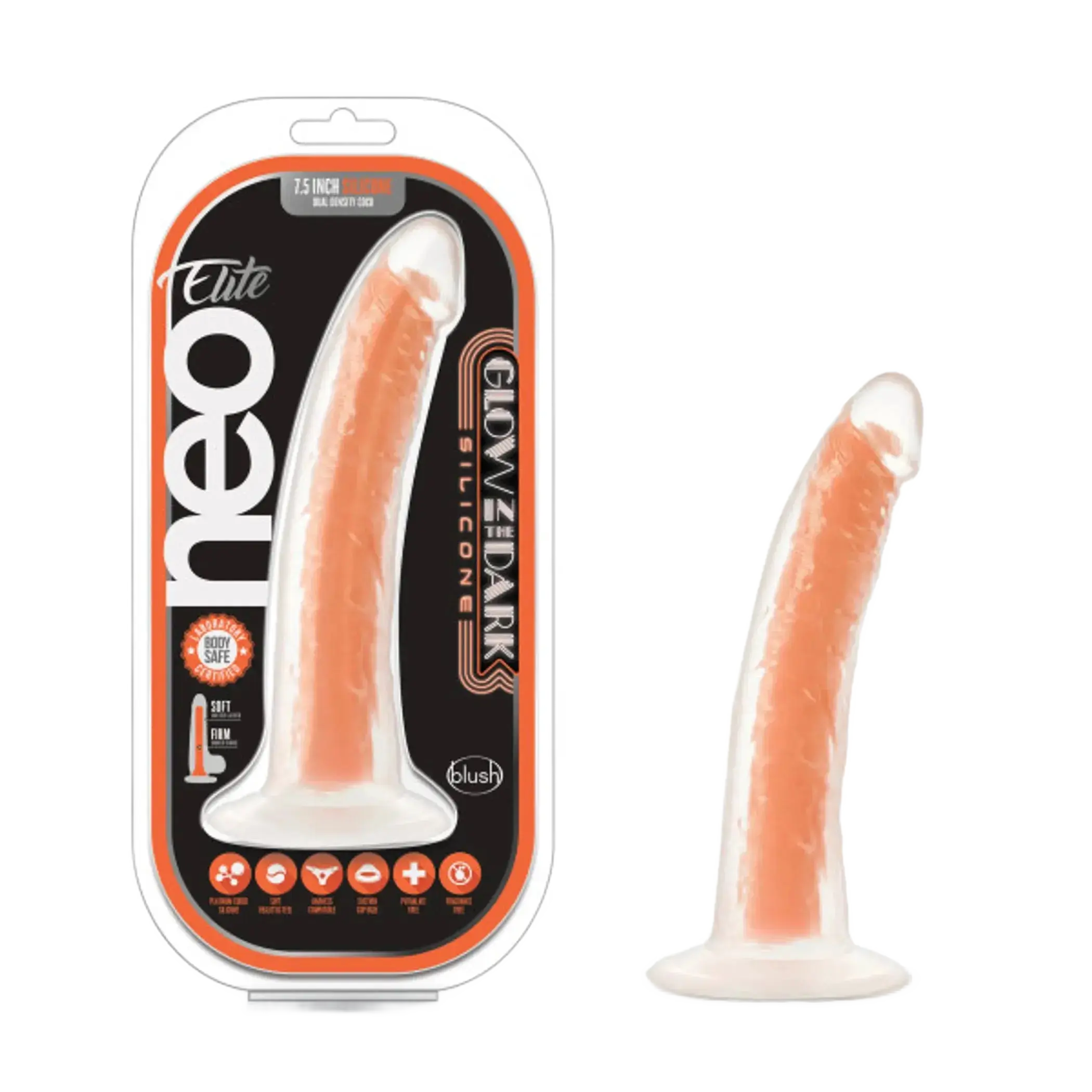 NEO ELITE GLOW IN THE DARK 7.5IN DUAL DENSITY COCK NEON NEON ORANGE Blush Novelties