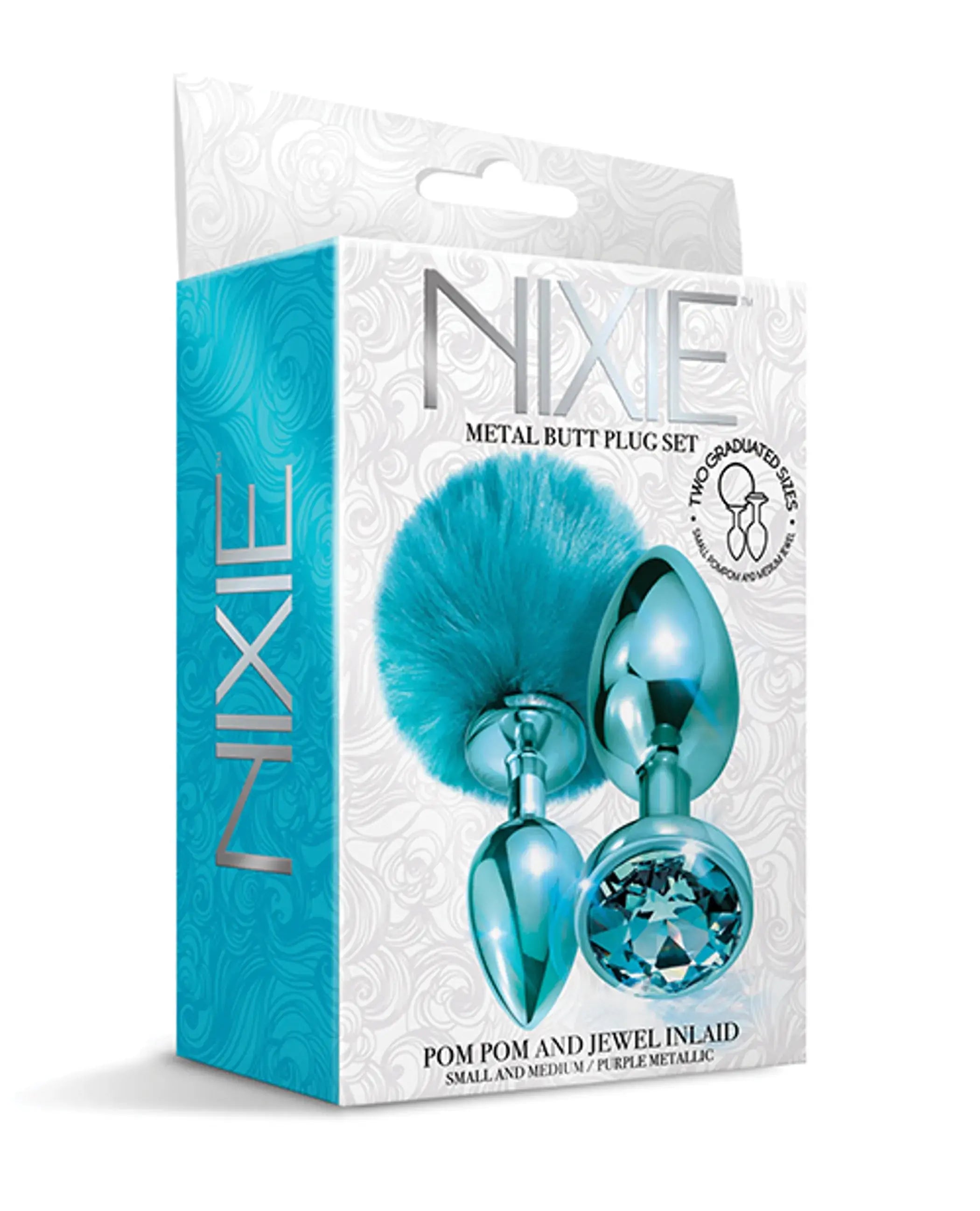 Nixie Metal Butt Plug Set Pom Pom and Jewel Blue Metallic Global Novelties