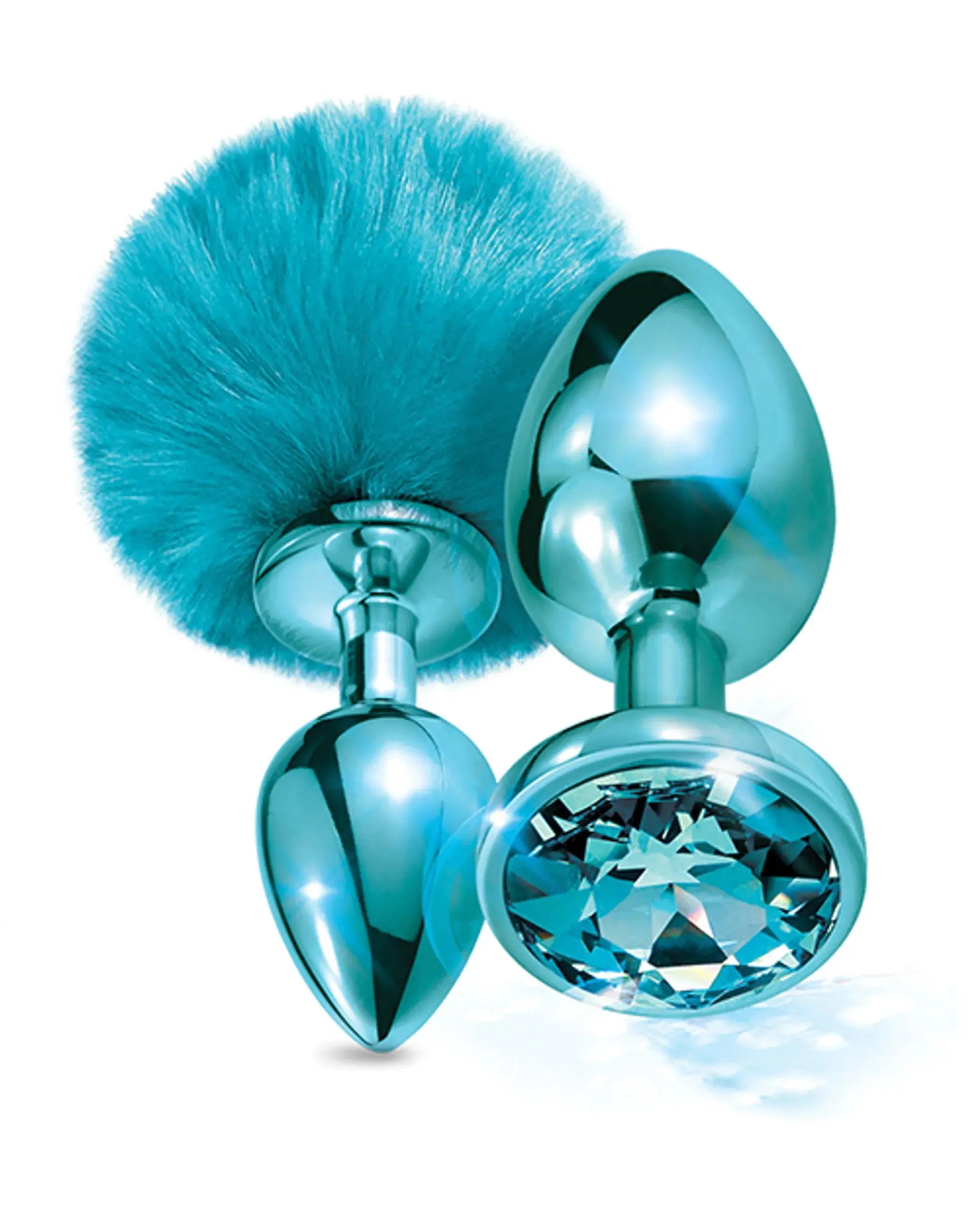 Nixie Metal Butt Plug Set Pom Pom and Jewel Blue Metallic Global Novelties