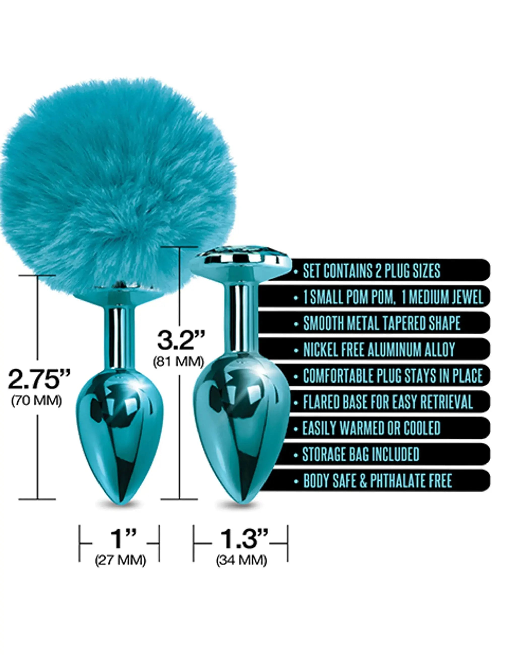 Nixie Metal Butt Plug Set Pom Pom and Jewel Blue Metallic Global Novelties