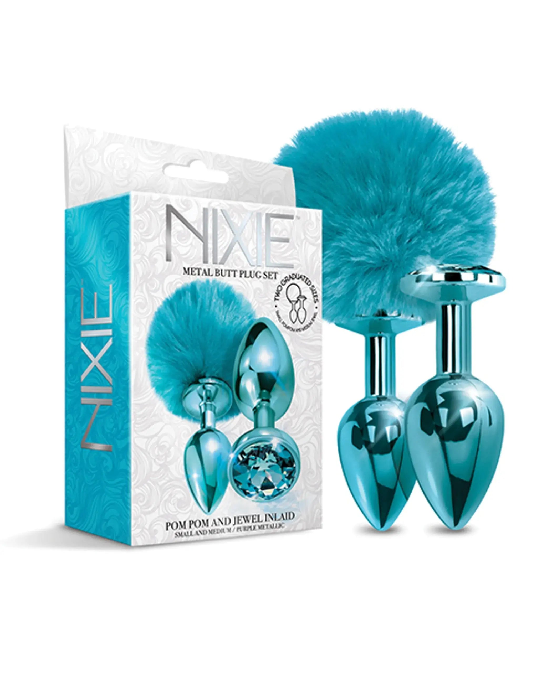 Nixie Metal Butt Plug Set Pom Pom and Jewel Blue Metallic Global Novelties