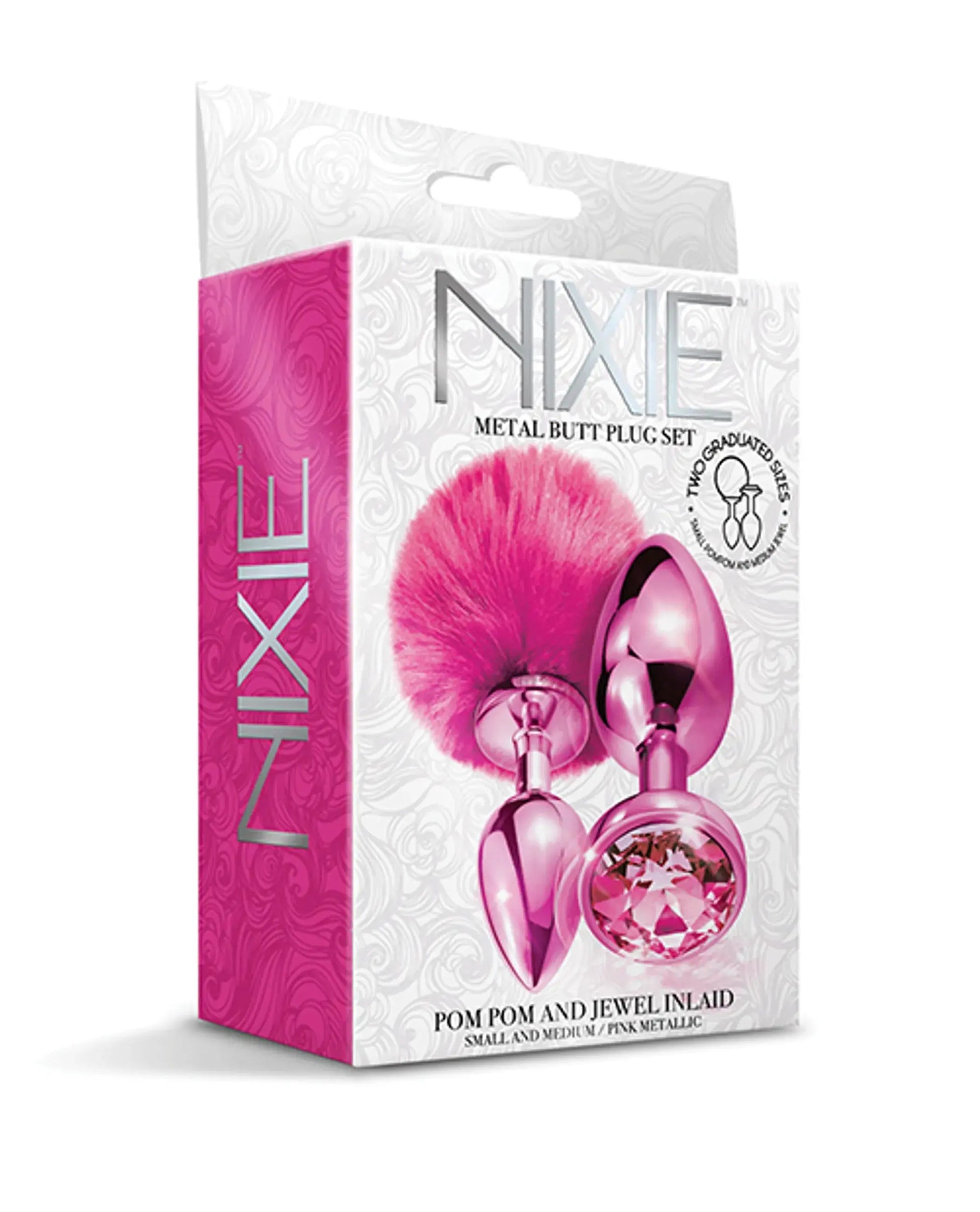 Nixie Metal Butt Plug Set Pom Pom and Jewel Pink Metallic Global Novelties
