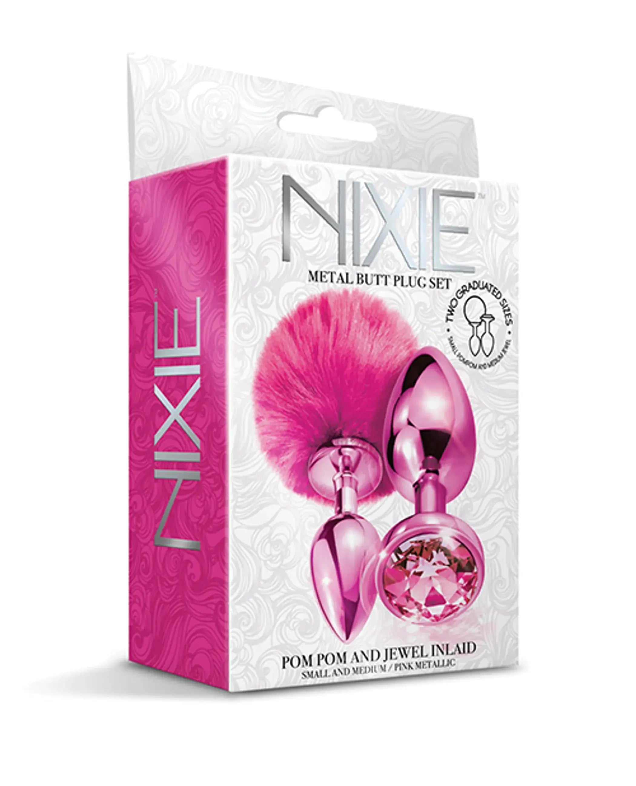 Nixie Metal Butt Plug Set Pom Pom and Jewel Pink Metallic Global Novelties