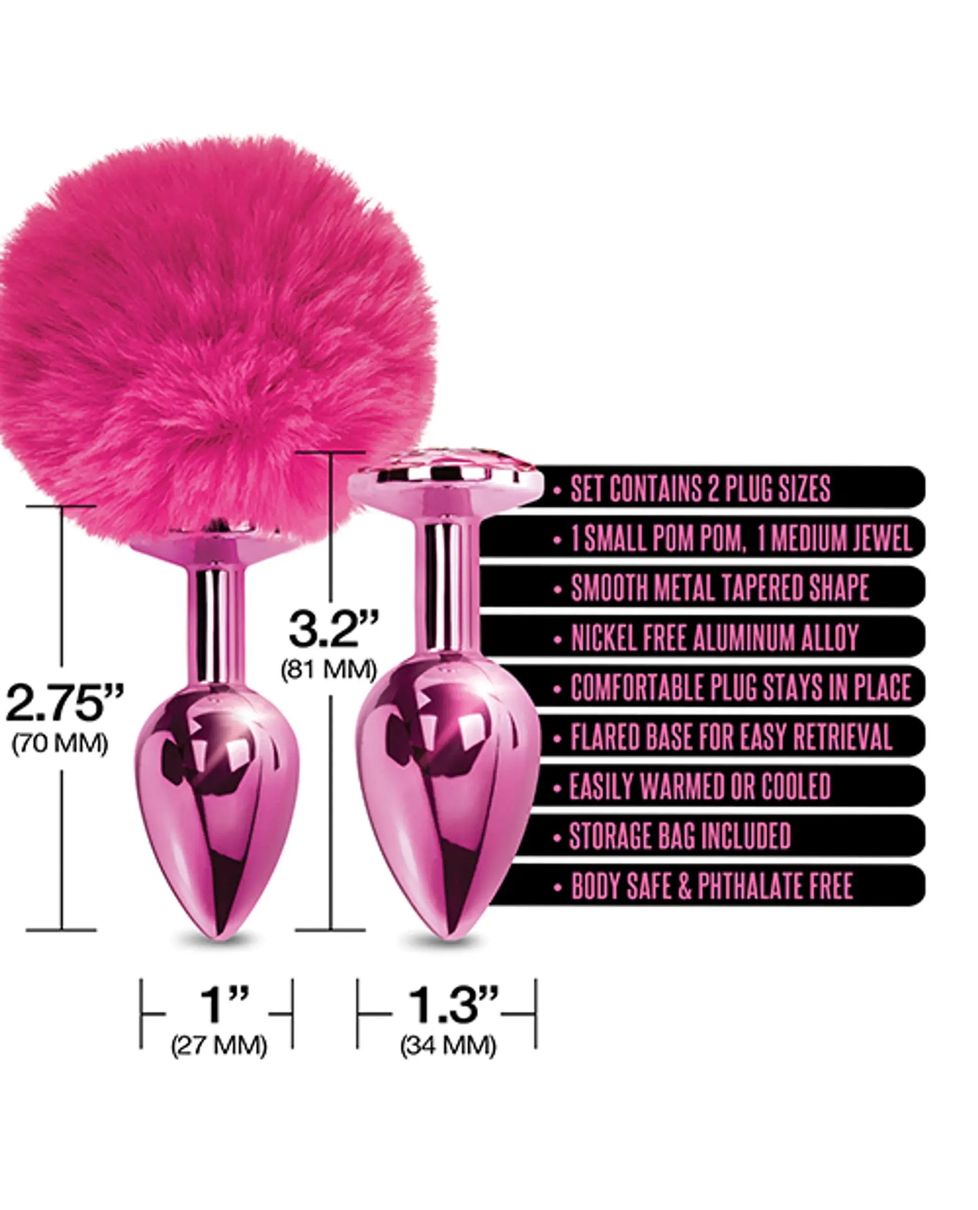 Nixie Metal Butt Plug Set Pom Pom and Jewel Pink Metallic Global Novelties
