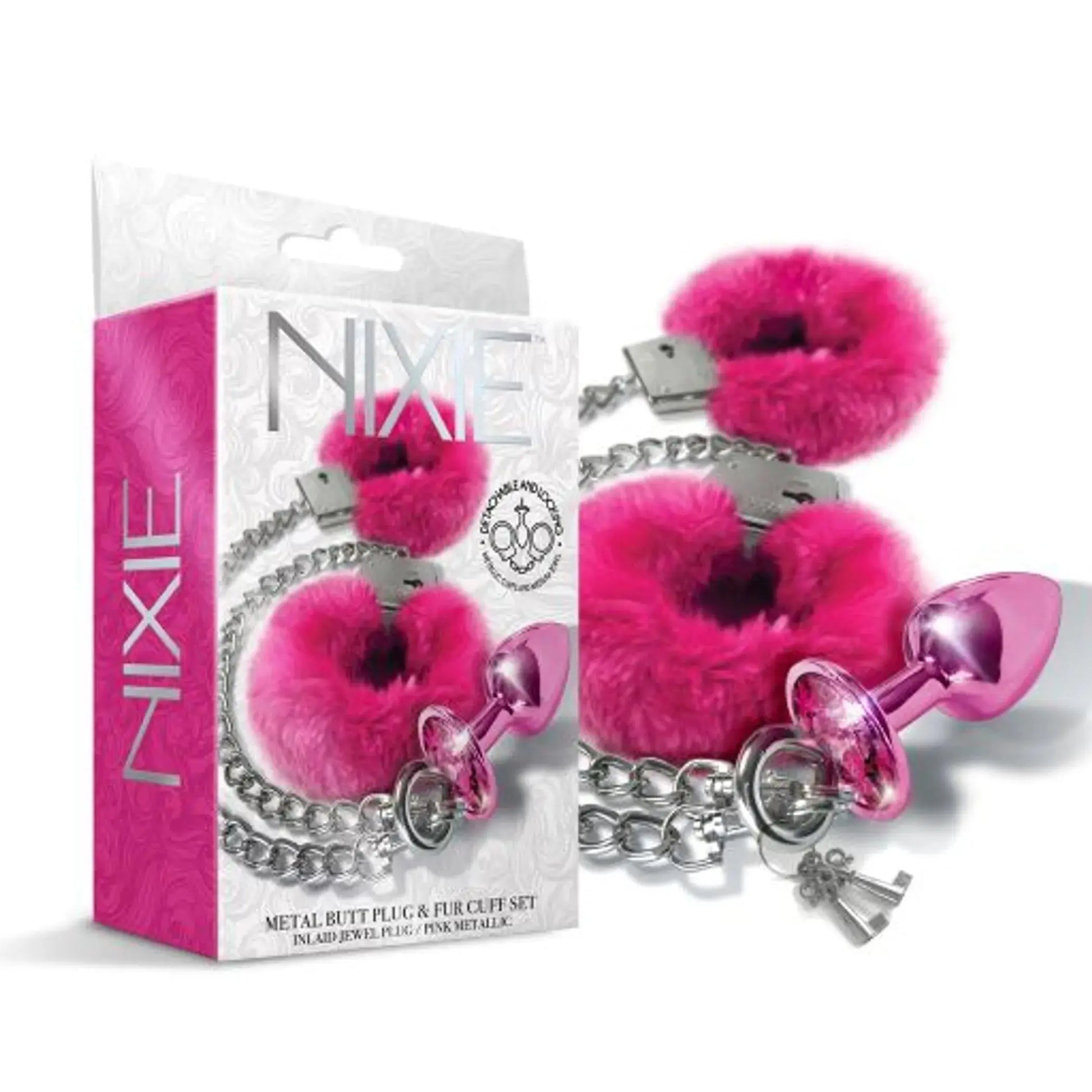 Nixie Metal Plug & Furry Cuff Set, Pink Metallic Global Novelties