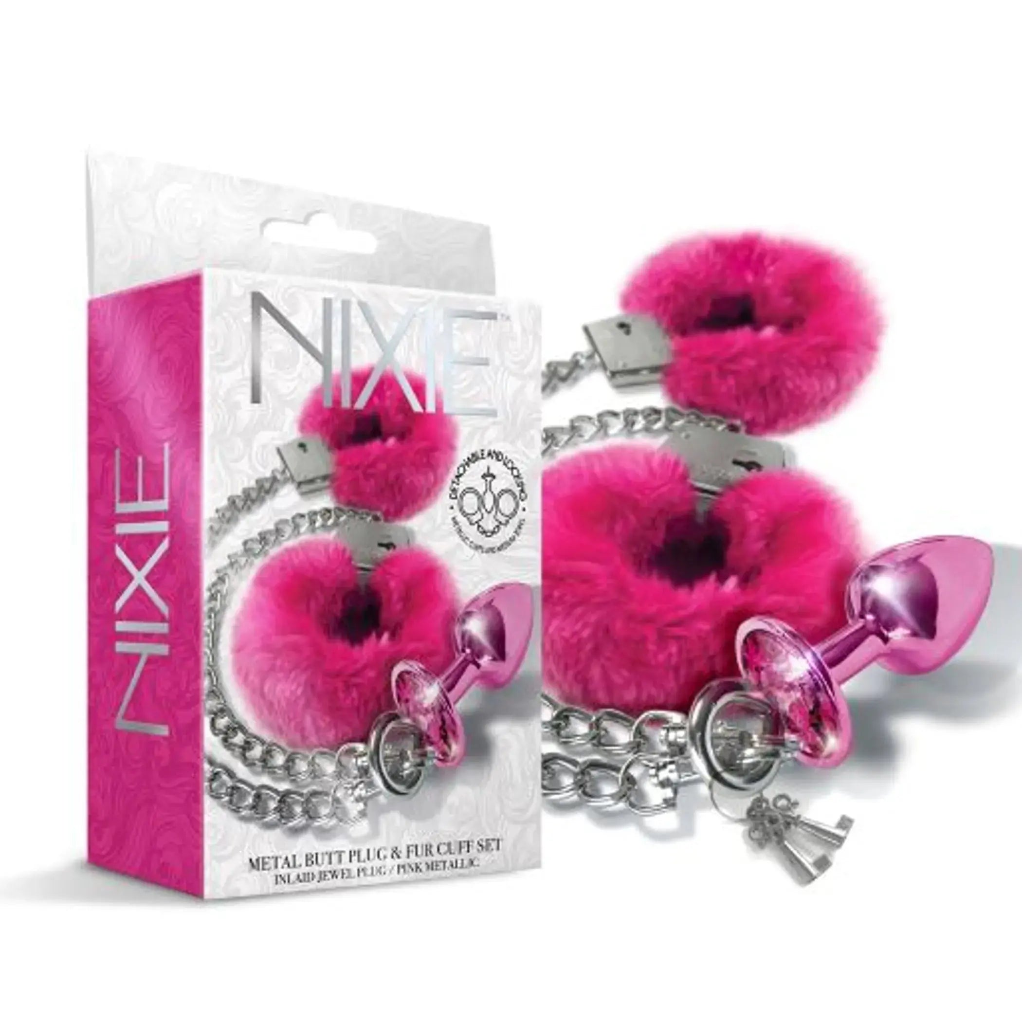 Nixie Metal Plug & Furry Cuff Set, Pink Metallic Global Novelties