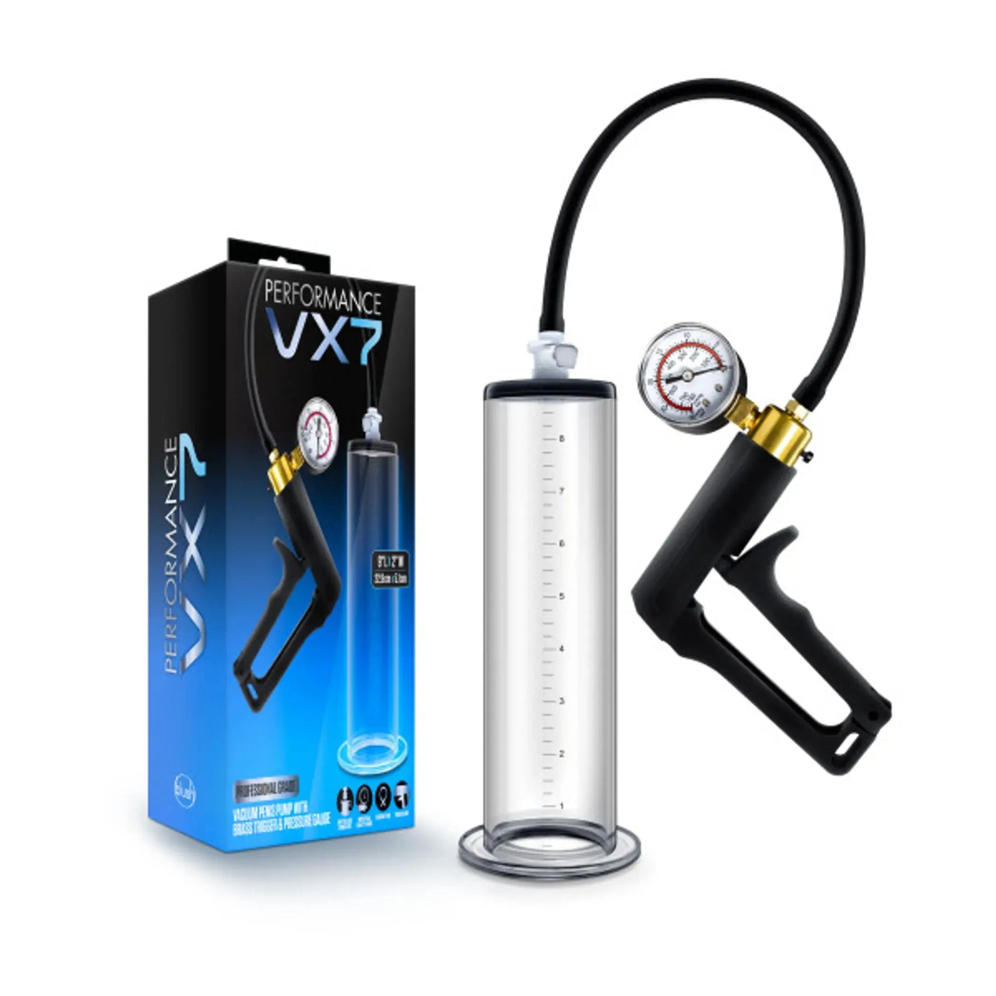 PERFORMANCE VX7 VACUUM PENIS PUMP W/ BRASS TRIGGER & PRESSURE GAUGE CLEAR Blush Novelties