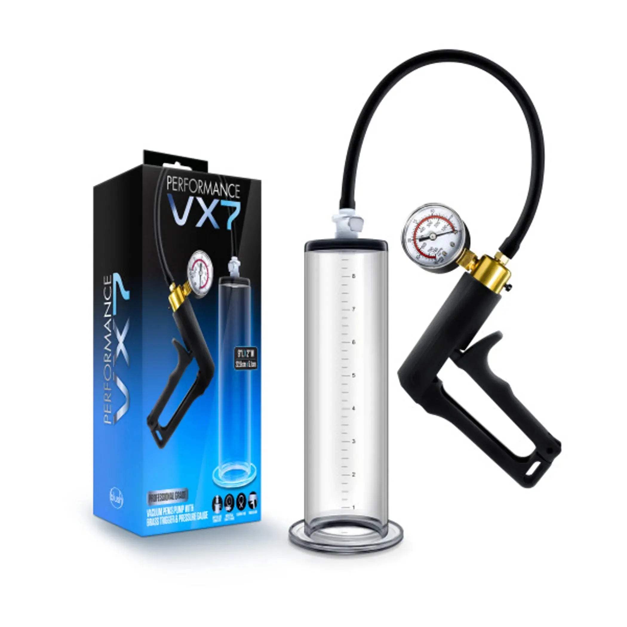 PERFORMANCE VX7 VACUUM PENIS PUMP W/ BRASS TRIGGER & PRESSURE GAUGE CLEAR Blush Novelties