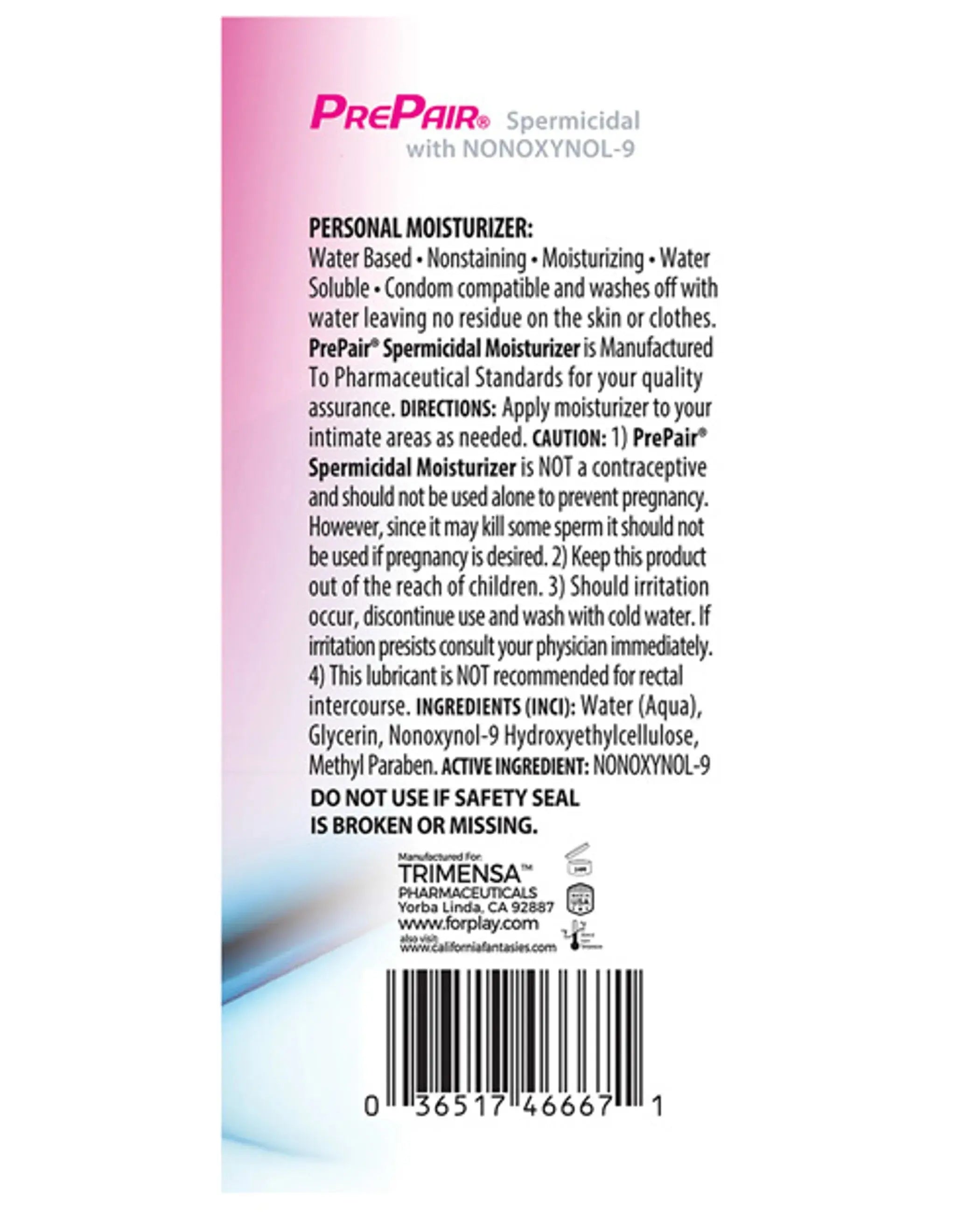 PRE PAIR SPERMICIDAL LUBE 4.5 OZ WATER BASED Forplay Lubricants