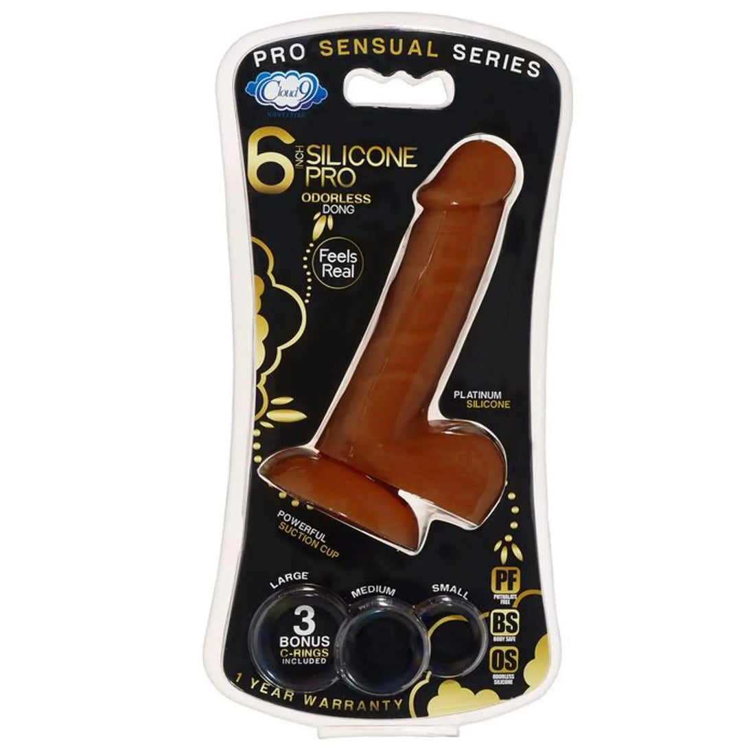 PRO SENSUAL PREMIUM SILICONE DONG W/ 3 C RINGS BROWN 6 " Cloud 9 Novelties