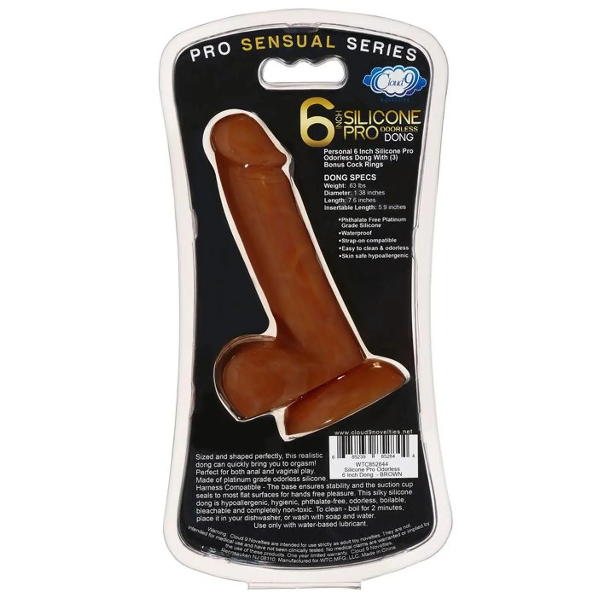 PRO SENSUAL PREMIUM SILICONE DONG W/ 3 C RINGS BROWN 6 " Cloud 9 Novelties