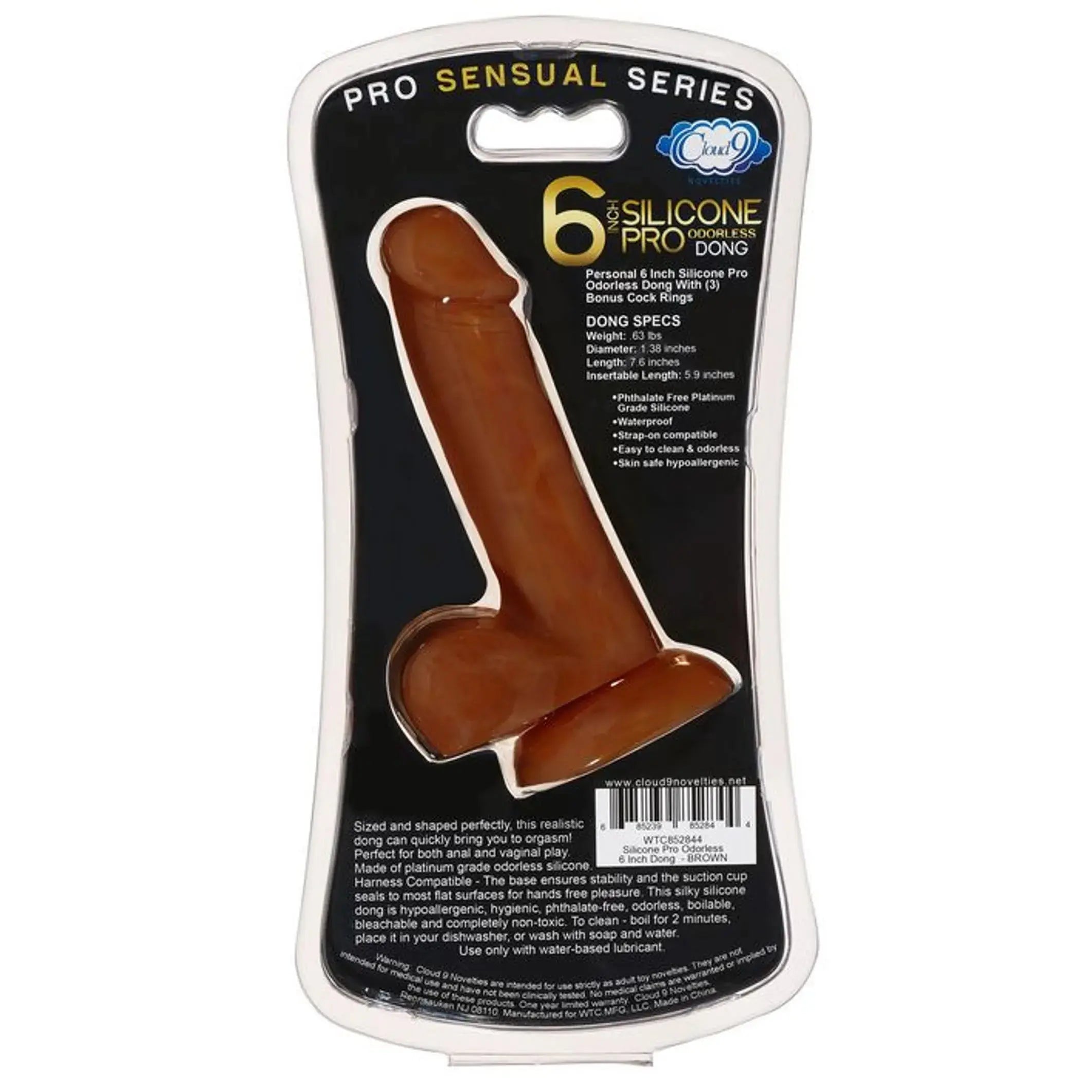 PRO SENSUAL PREMIUM SILICONE DONG W/ 3 C RINGS BROWN 6 " Cloud 9 Novelties