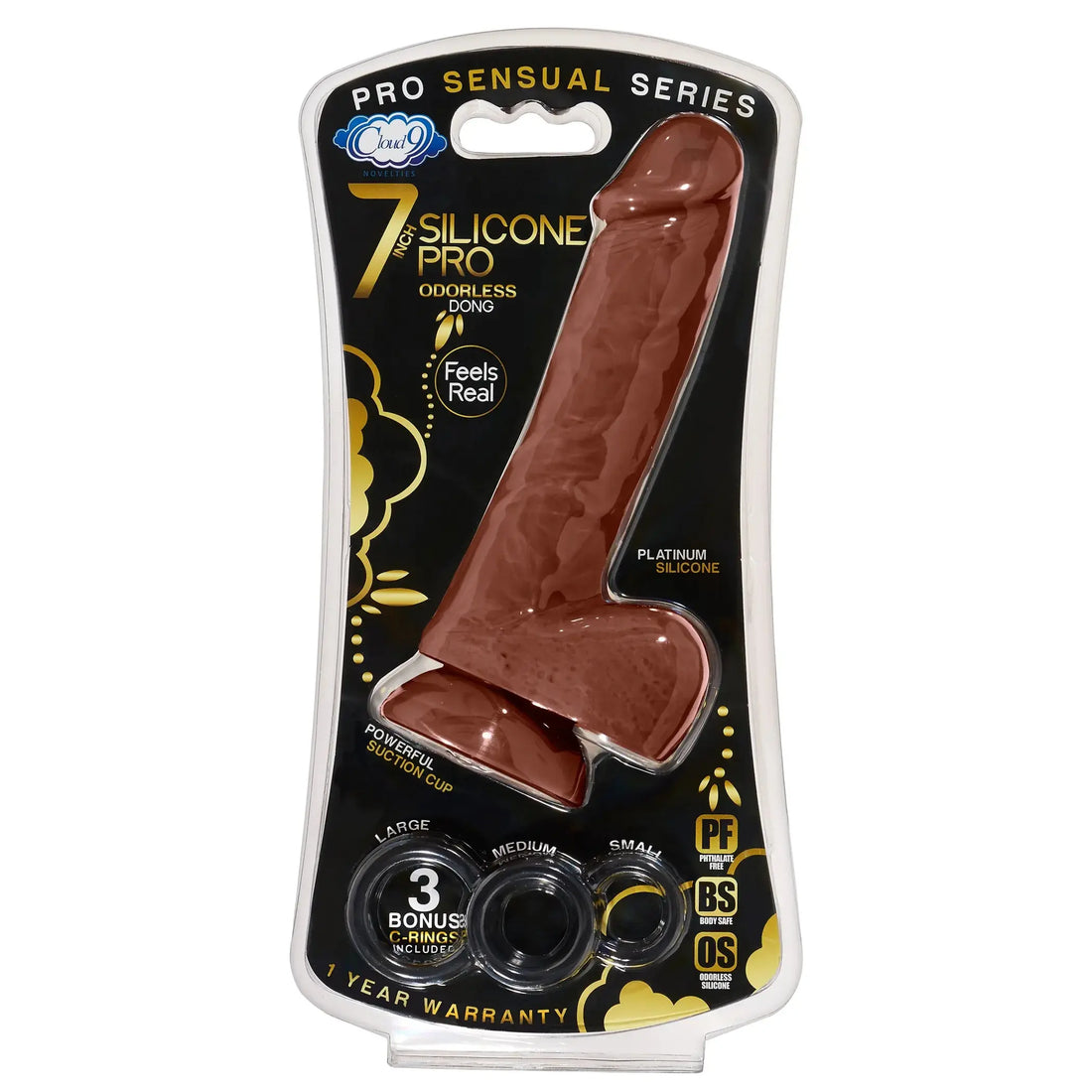 PRO SENSUAL PREMIUM SILICONE DONG W/ 3 C RINGS BROWN 7 " Cloud 9 Novelties