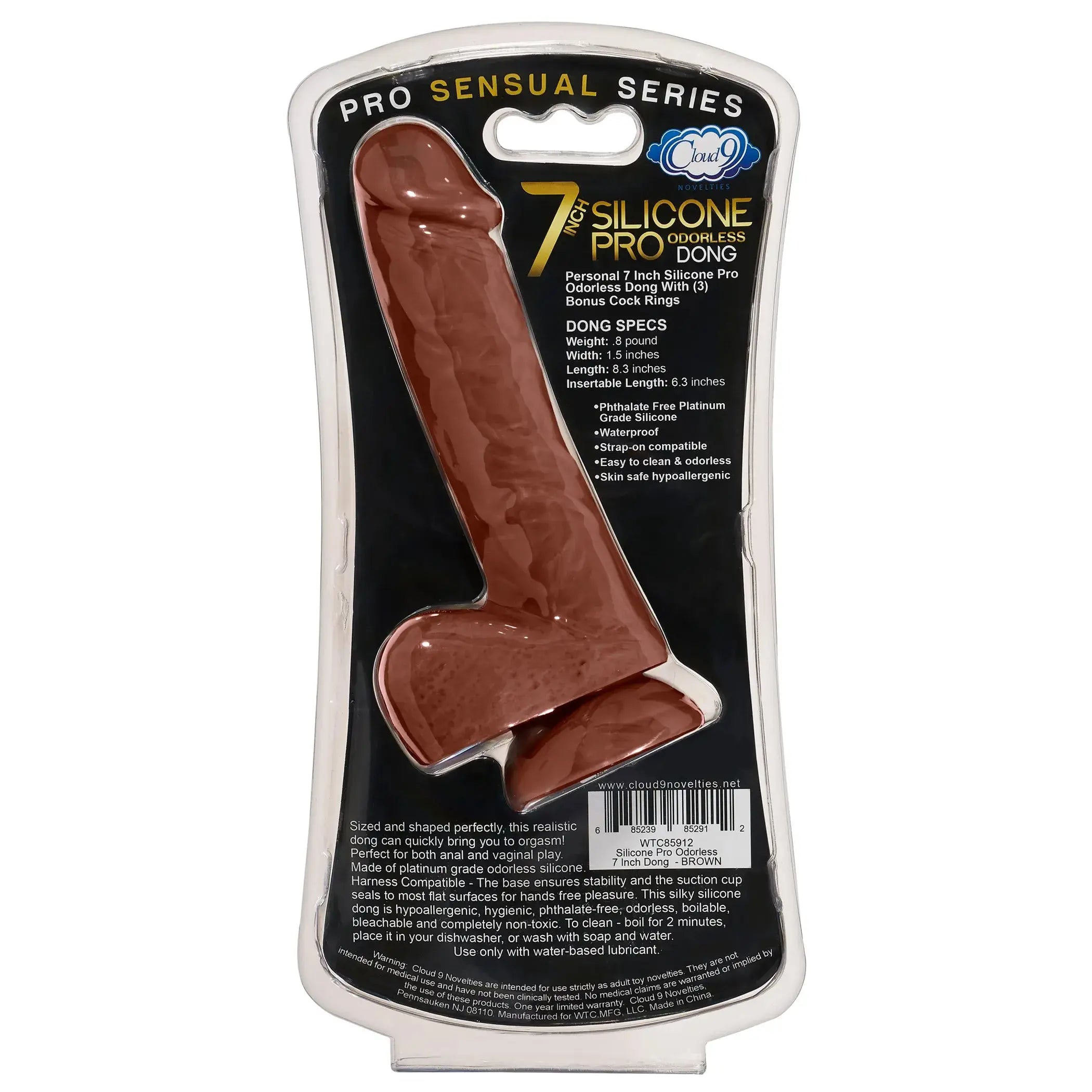 PRO SENSUAL PREMIUM SILICONE DONG W/ 3 C RINGS BROWN 7 " Cloud 9 Novelties