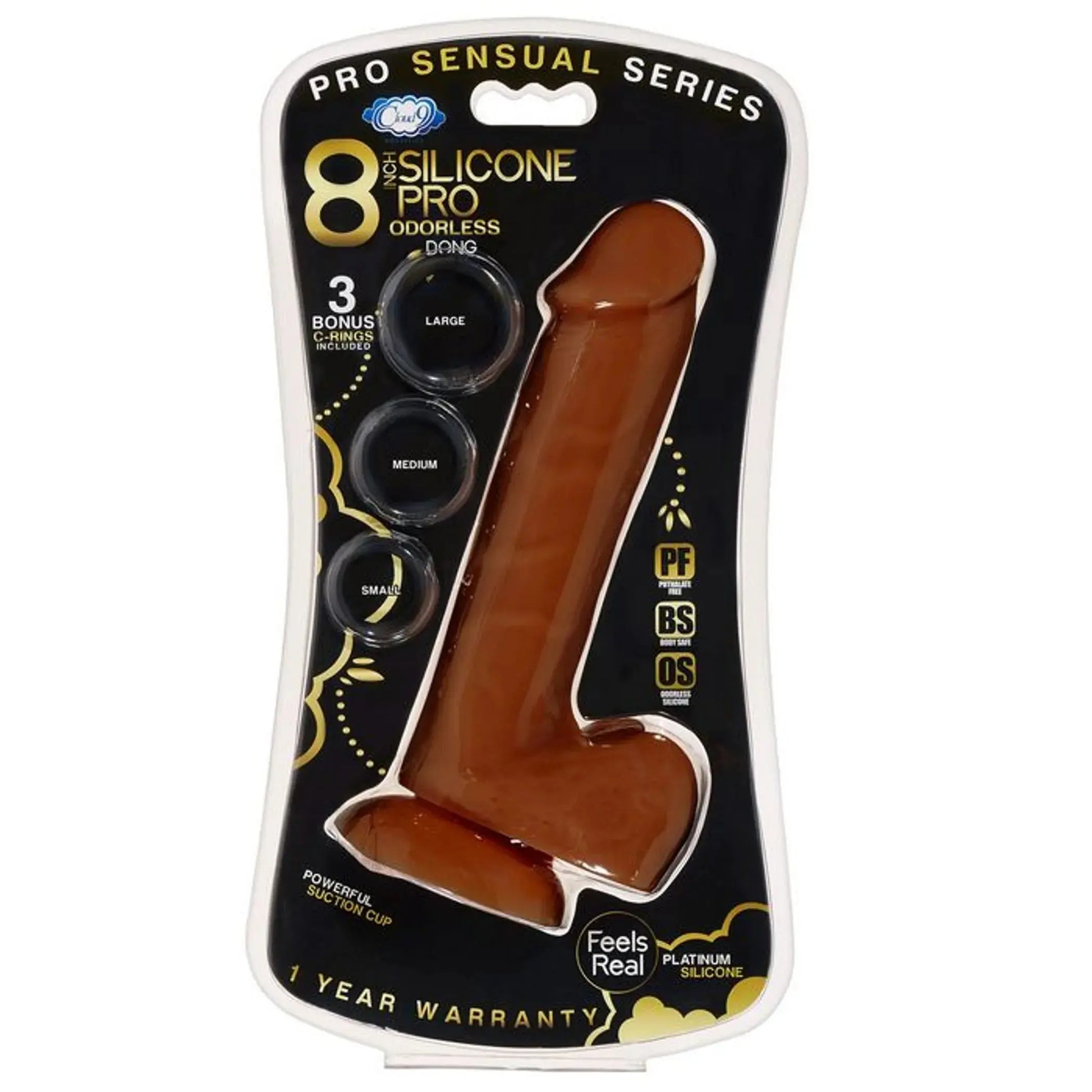 PRO SENSUAL PREMIUM SILICONE DONG W/ 3 C RINGS BROWN 8 " Cloud 9 Novelties