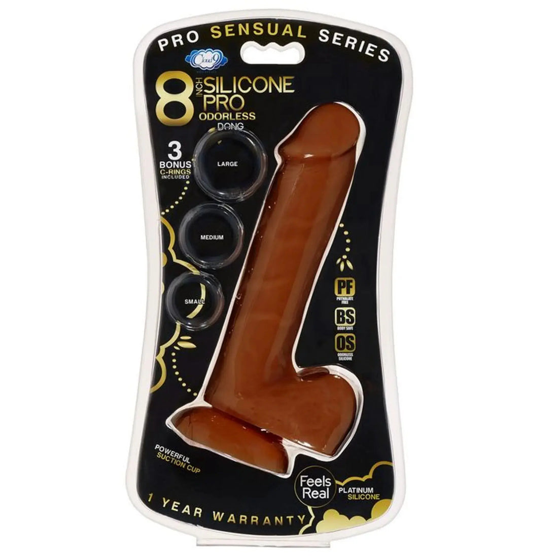 PRO SENSUAL PREMIUM SILICONE DONG W/ 3 C RINGS BROWN 8 " Cloud 9 Novelties