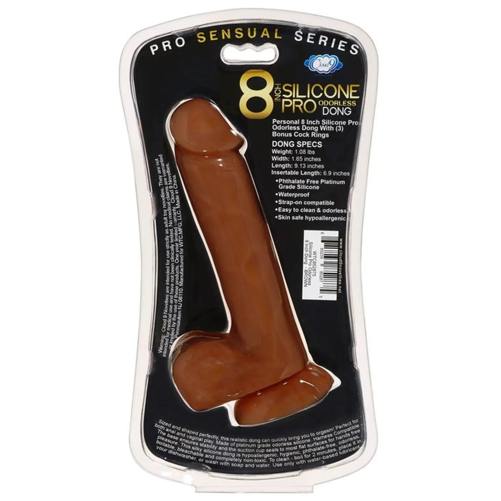 PRO SENSUAL PREMIUM SILICONE DONG W/ 3 C RINGS BROWN 8 " Cloud 9 Novelties
