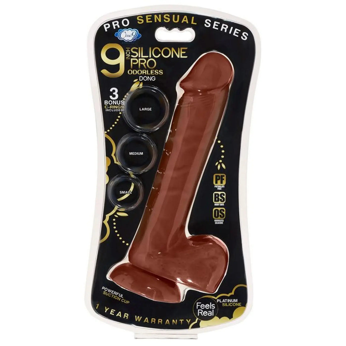 PRO SENSUAL PREMIUM SILICONE DONG W/ 3 C RINGS BROWN 9 " Cloud 9 Novelties