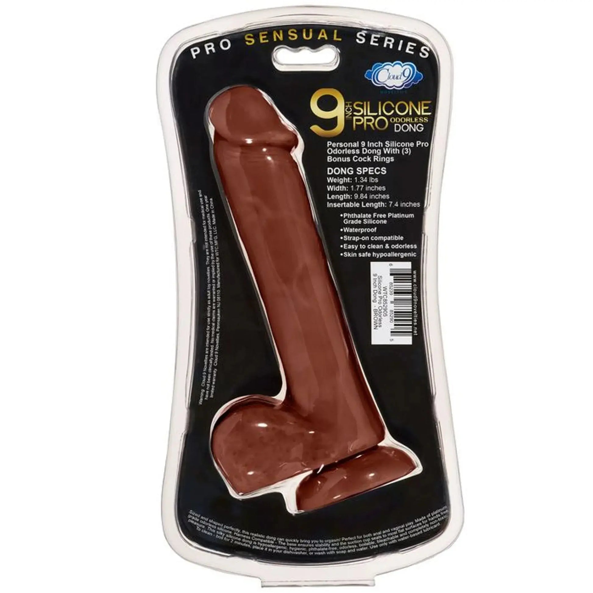 PRO SENSUAL PREMIUM SILICONE DONG W/ 3 C RINGS BROWN 9 " Cloud 9 Novelties
