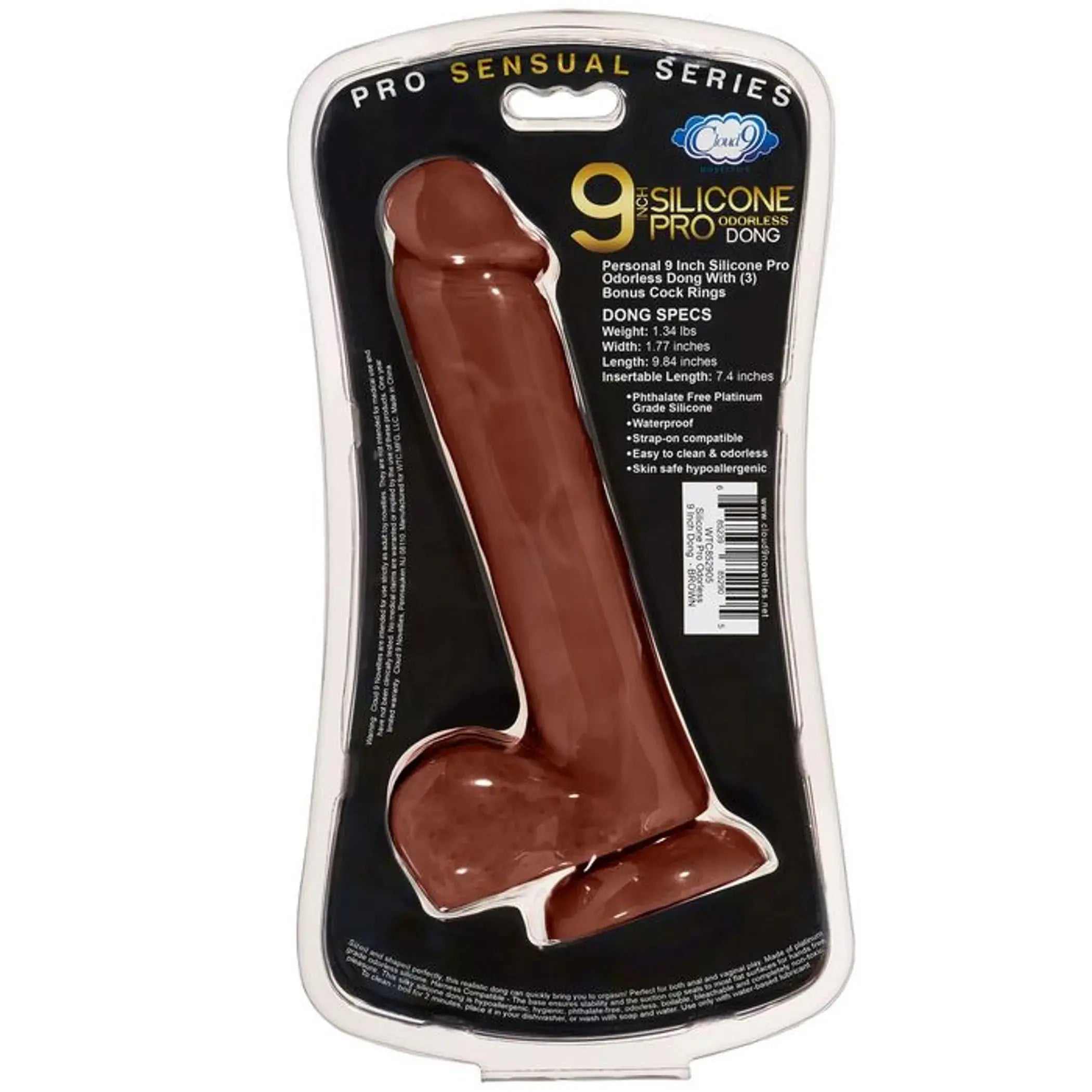 PRO SENSUAL PREMIUM SILICONE DONG W/ 3 C RINGS BROWN 9 " Cloud 9 Novelties