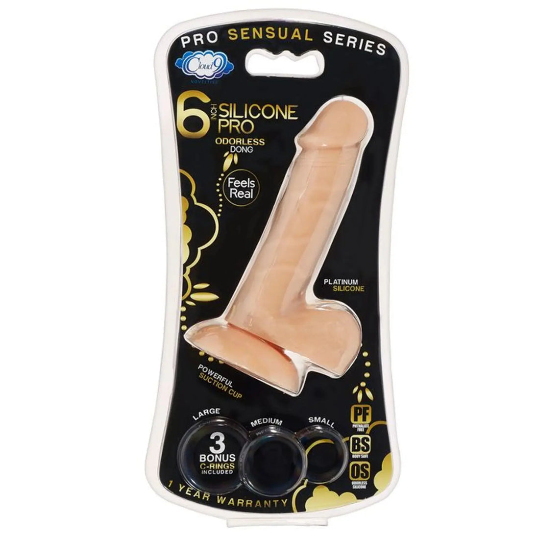 PRO SENSUAL PREMIUM SILICONE DONG W/ 3 C RINGS LIGHT 6 " Cloud 9 Novelties