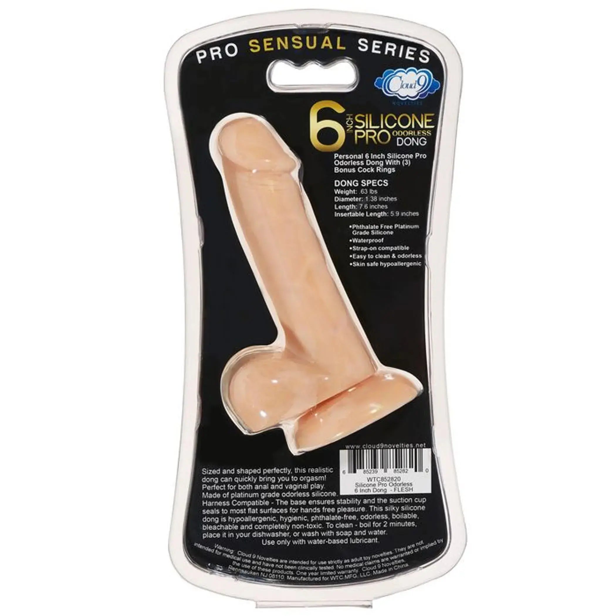 PRO SENSUAL PREMIUM SILICONE DONG W/ 3 C RINGS LIGHT 6 " Cloud 9 Novelties