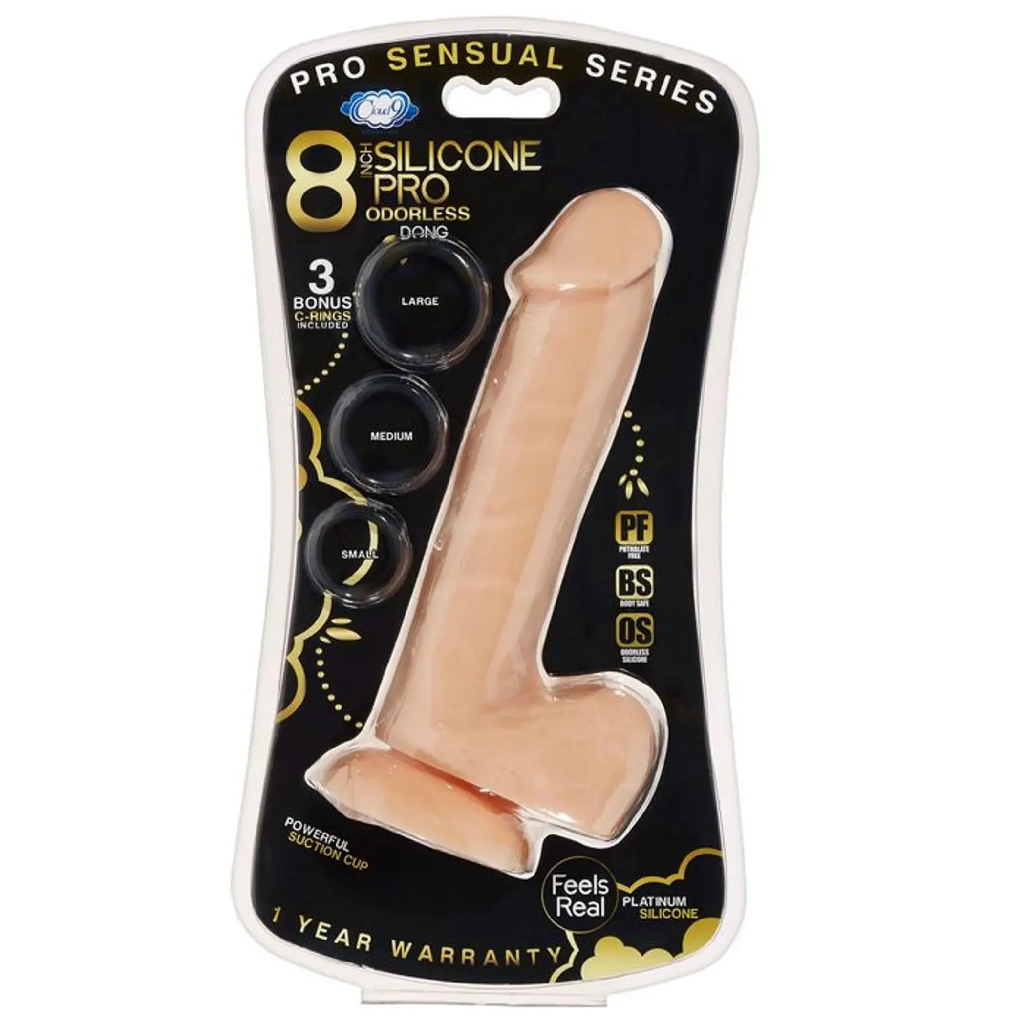PRO SENSUAL PREMIUM SILICONE DONG W/ 3 C RINGS LIGHT 8 " Cloud 9 Novelties