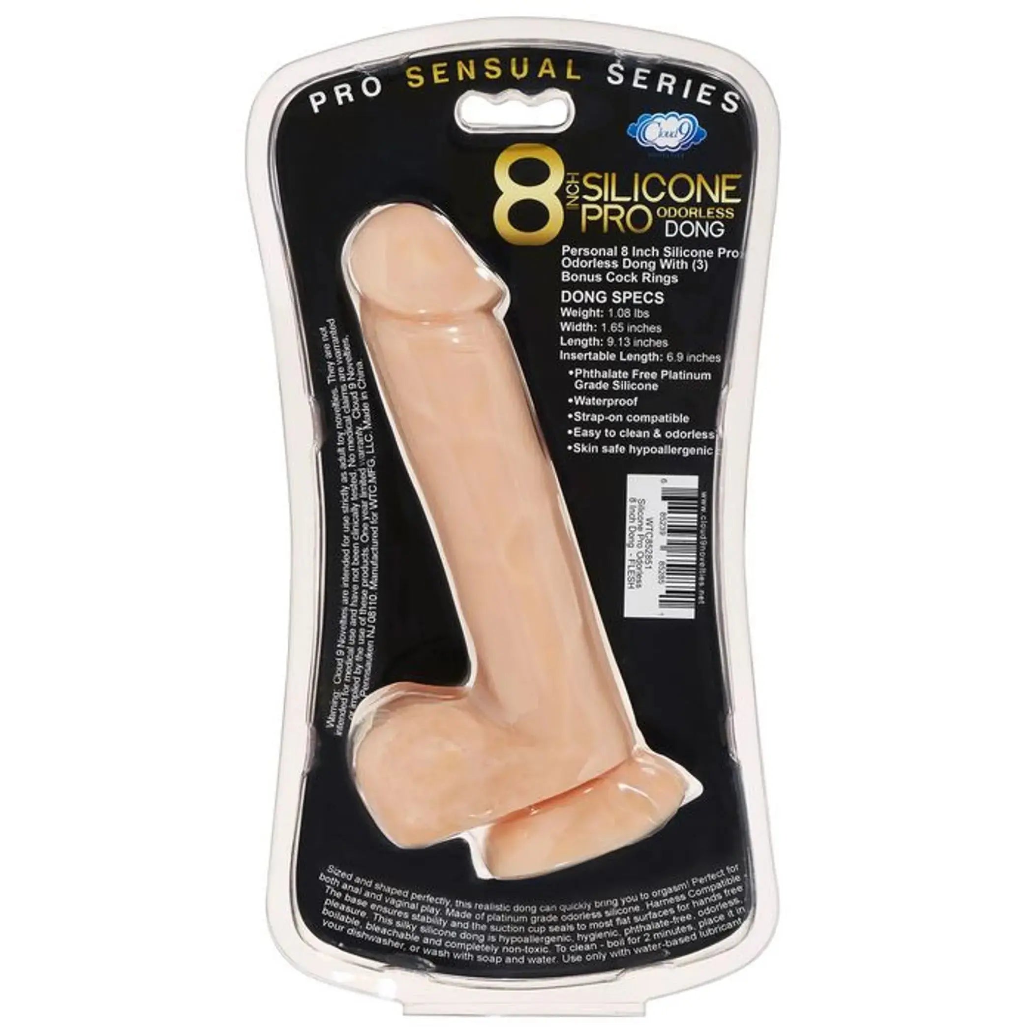 PRO SENSUAL PREMIUM SILICONE DONG W/ 3 C RINGS LIGHT 8 " Cloud 9 Novelties
