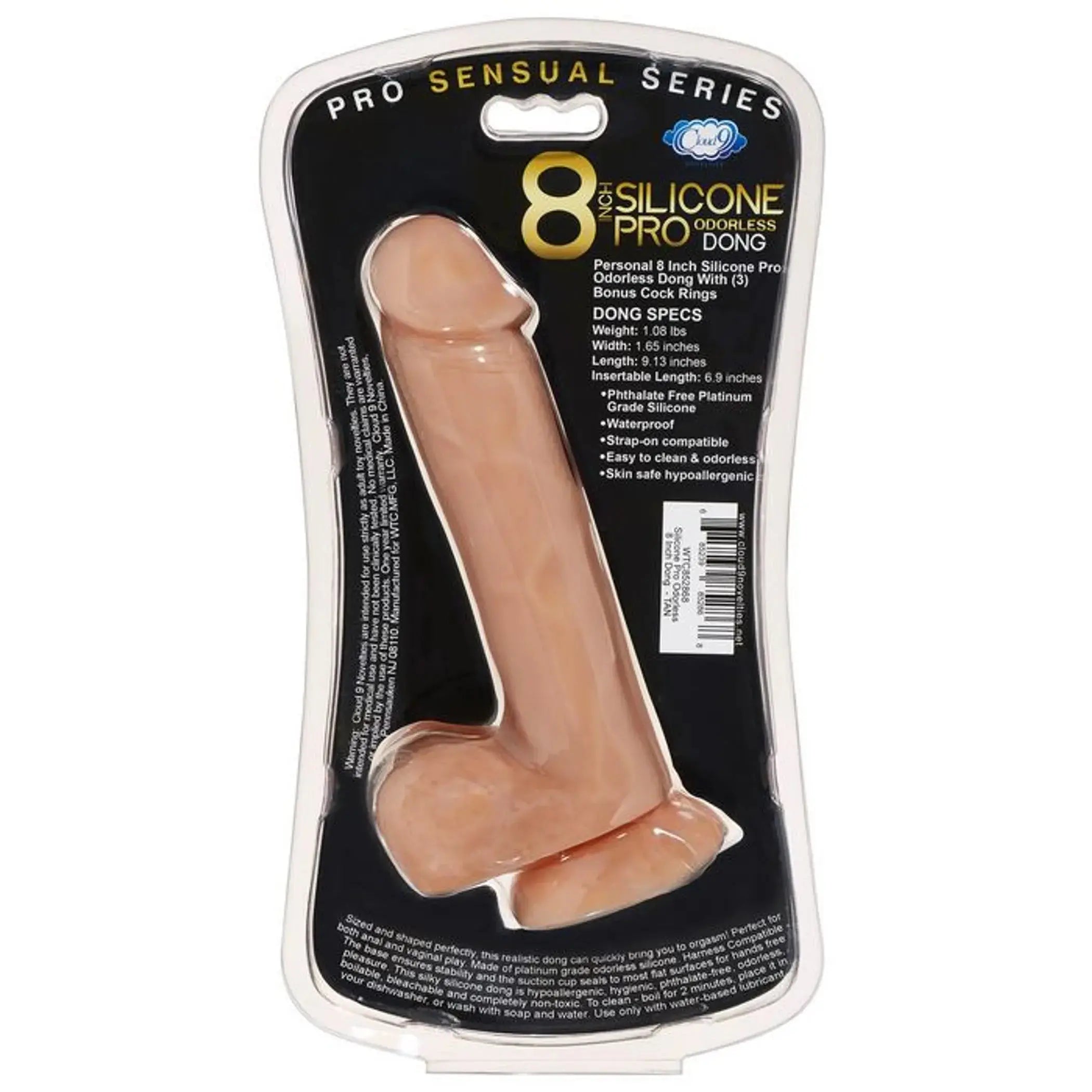 PRO SENSUAL PREMIUM SILICONE DONG W/ 3 C RINGS TAN 8 " Cloud 9 Novelties