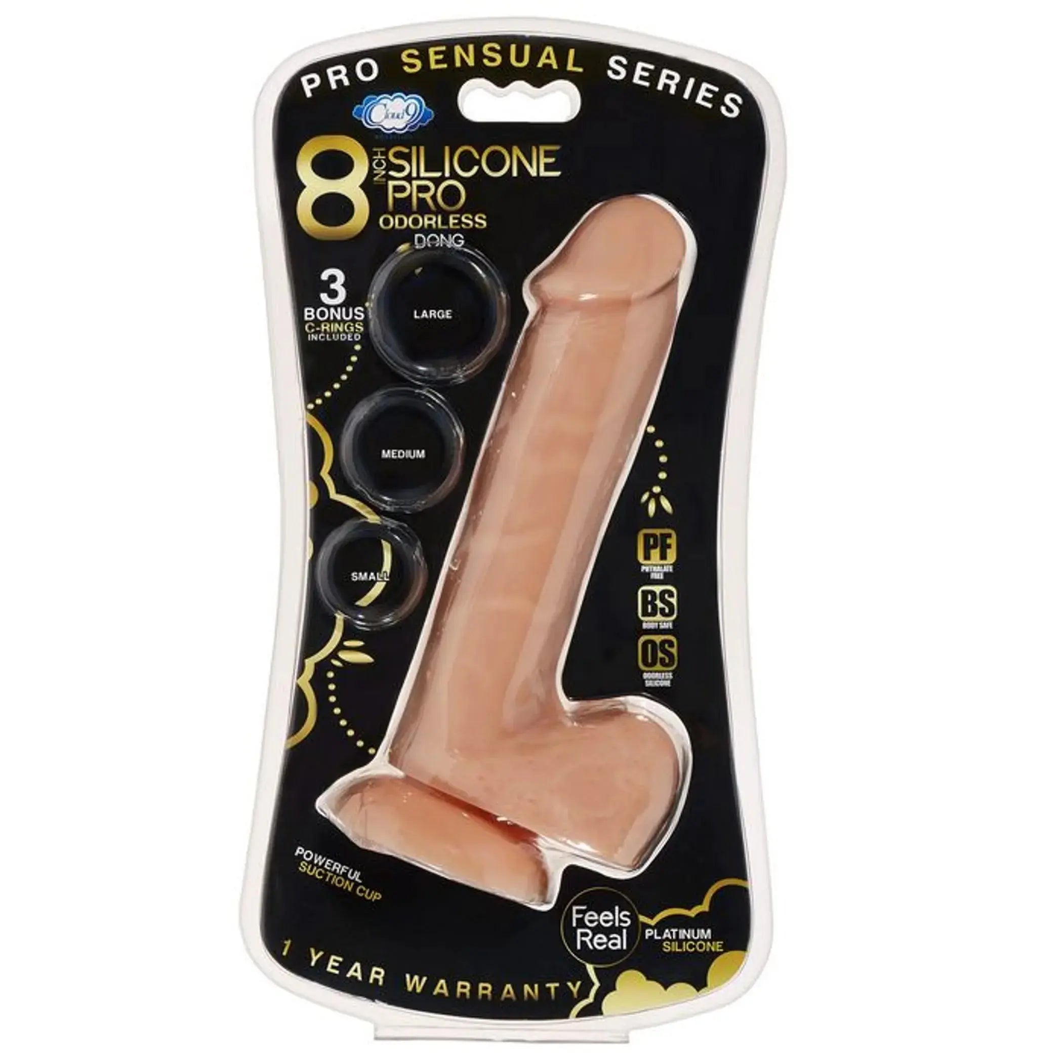 PRO SENSUAL PREMIUM SILICONE DONG W/ 3 C RINGS TAN 8 " Cloud 9 Novelties